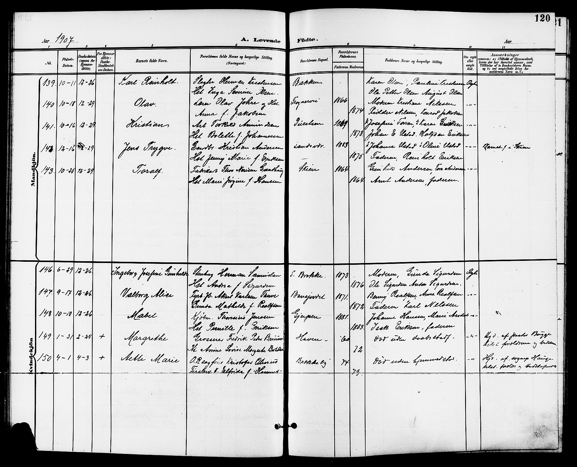 Skien kirkebøker, SAKO/A-302/G/Ga/L0008: Parish register (copy) no. 8, 1900-1910, p. 120