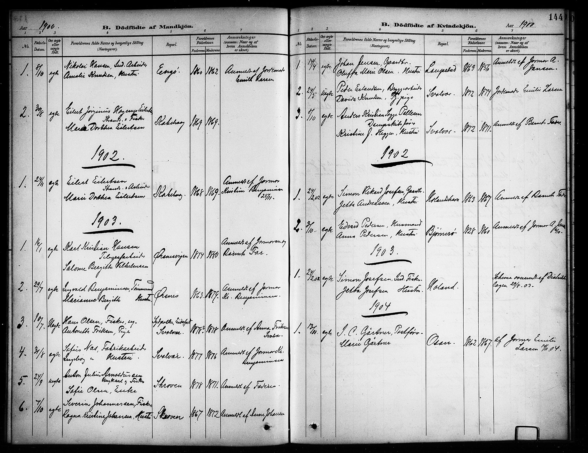 Ministerialprotokoller, klokkerbøker og fødselsregistre - Nordland, AV/SAT-A-1459/874/L1078: Parish register (copy) no. 874C07, 1900-1907, p. 144