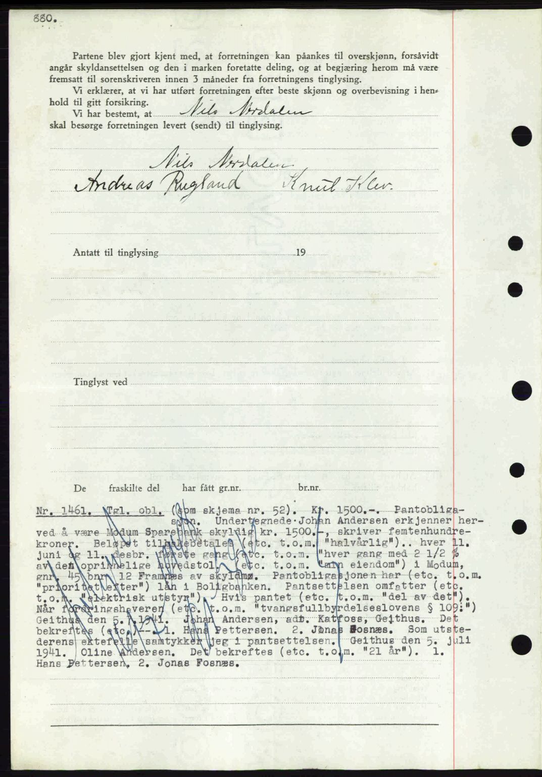 Eiker, Modum og Sigdal sorenskriveri, SAKO/A-123/G/Ga/Gab/L0043: Mortgage book no. A13, 1940-1941, Diary no: : 1461/1941