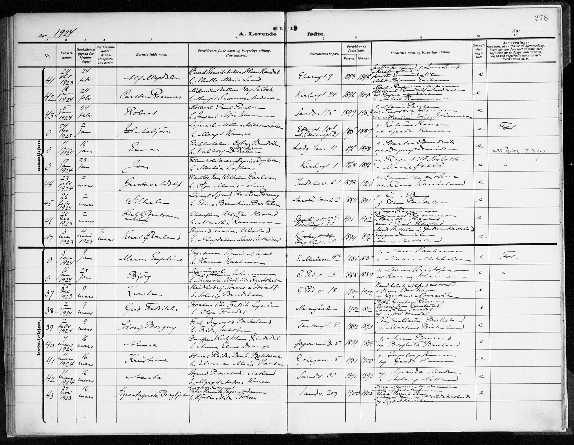 Sandviken Sokneprestembete, AV/SAB-A-77601/H/Ha/L0007: Parish register (official) no. B 4, 1912-1924, p. 278