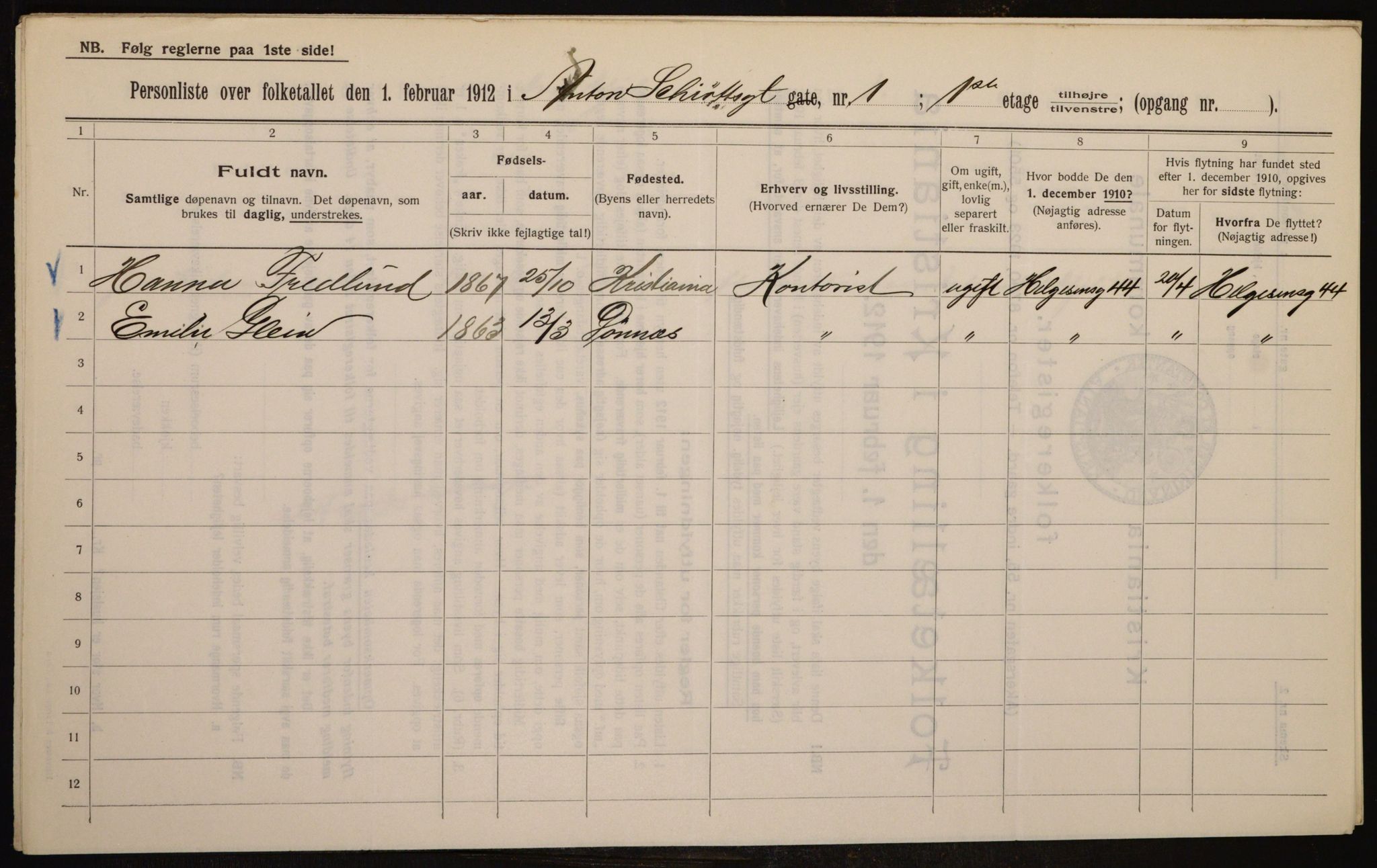 OBA, Municipal Census 1912 for Kristiania, 1912, p. 1259