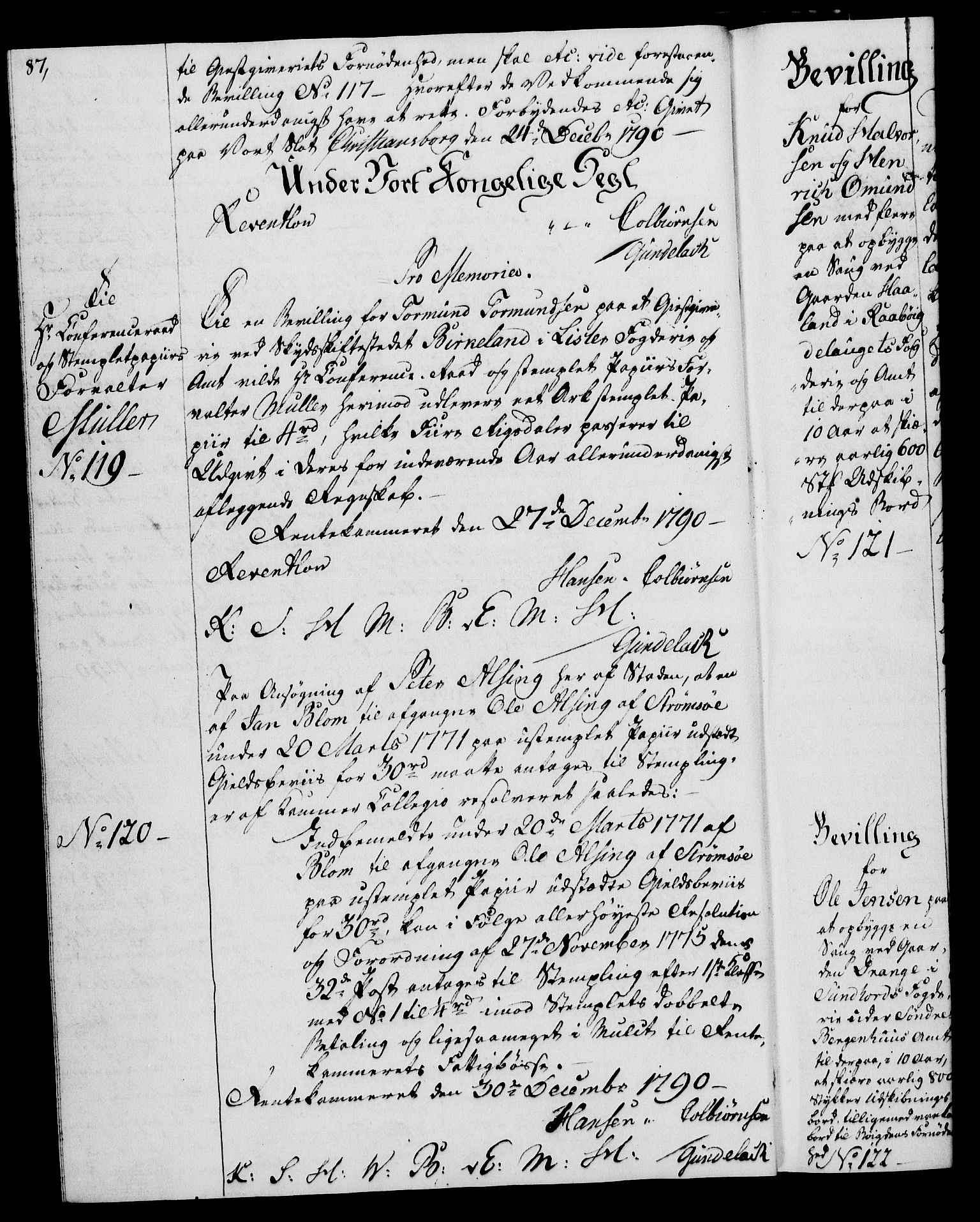 Rentekammeret, Kammerkanselliet, RA/EA-3111/G/Gg/Gga/L0015: Norsk ekspedisjonsprotokoll med register (merket RK 53.15), 1790-1791, p. 87