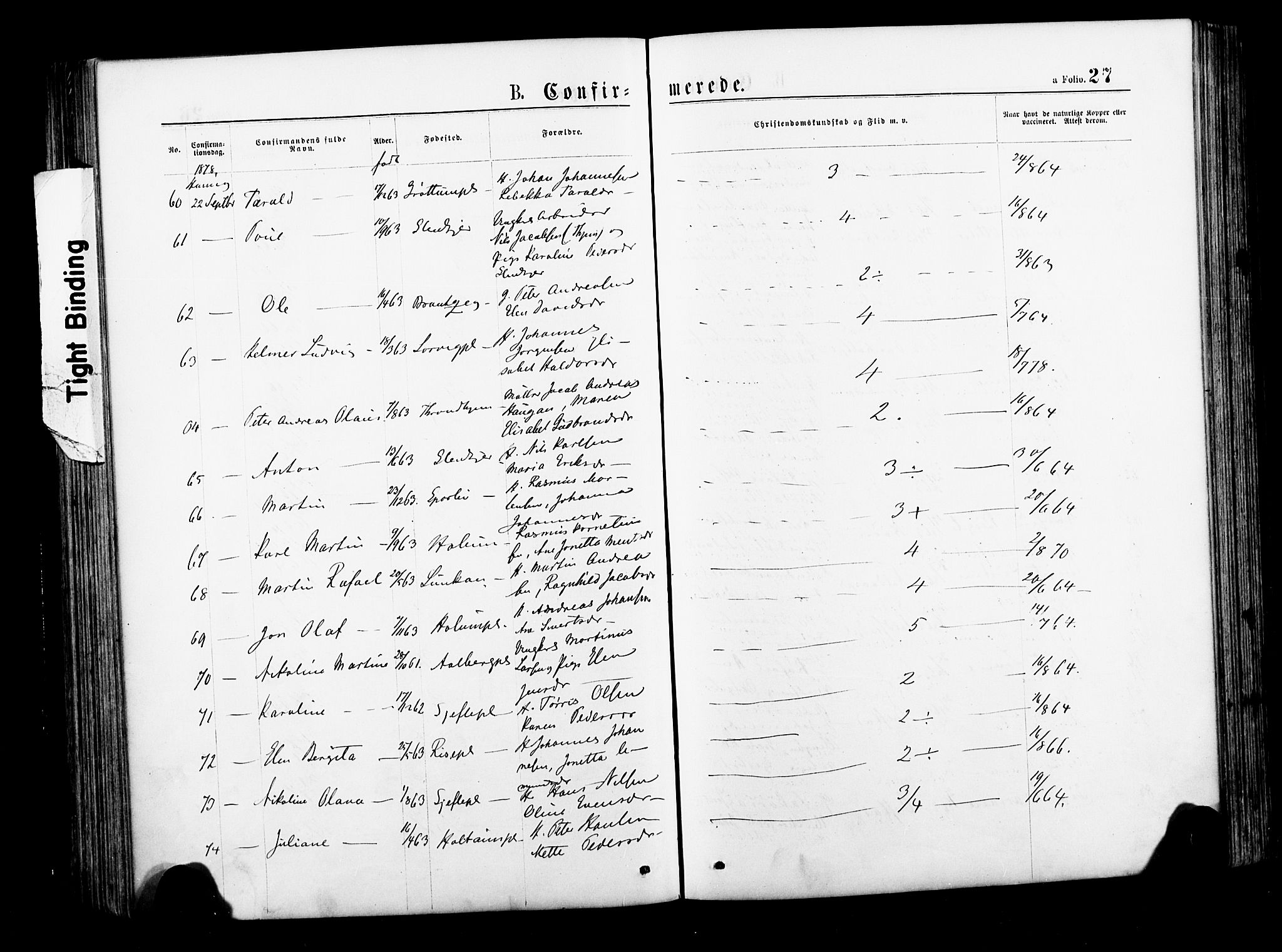Ministerialprotokoller, klokkerbøker og fødselsregistre - Nord-Trøndelag, SAT/A-1458/735/L0348: Parish register (official) no. 735A09 /1, 1873-1883, p. 27