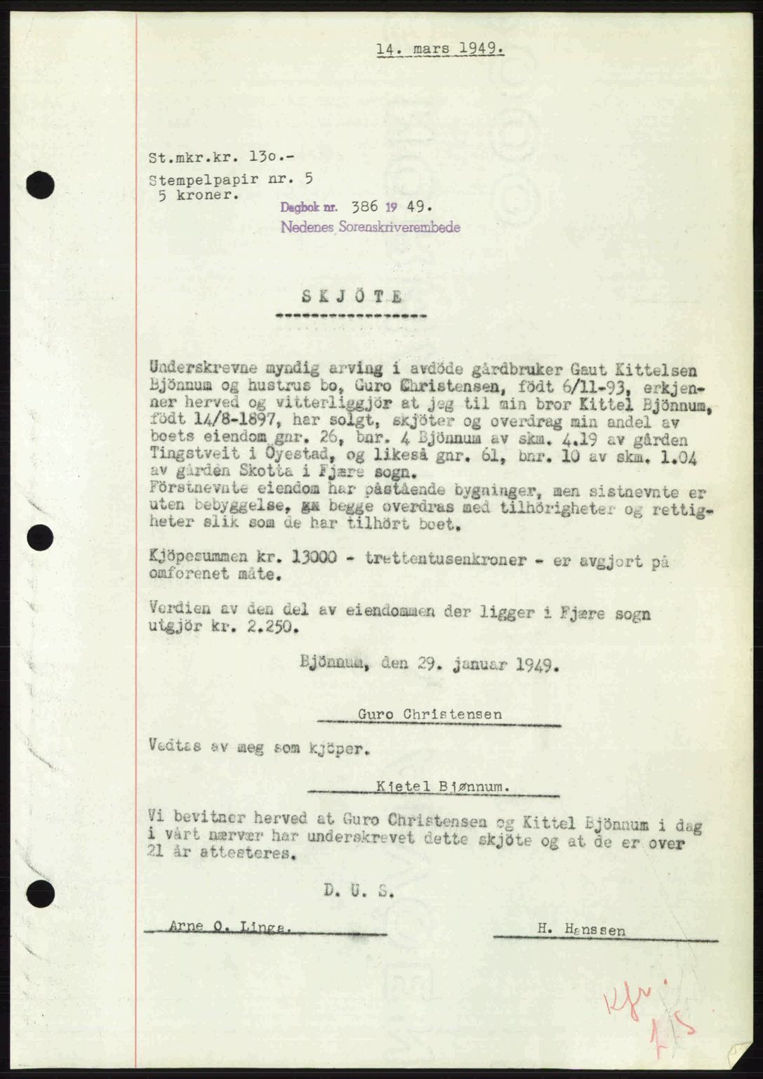 Nedenes sorenskriveri, SAK/1221-0006/G/Gb/Gba/L0060: Mortgage book no. A12, 1948-1949, Diary no: : 386/1949