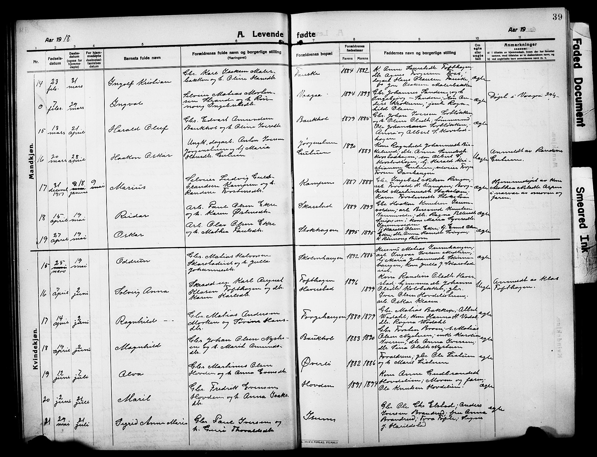 Sør-Fron prestekontor, SAH/PREST-010/H/Ha/Hab/L0005: Parish register (copy) no. 5, 1912-1930, p. 39