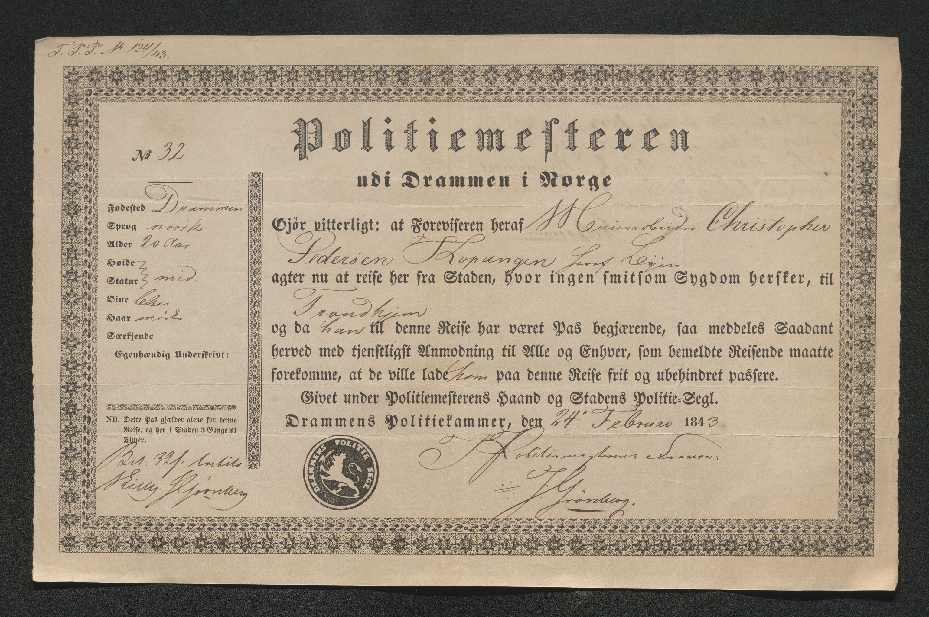 Drammen politikammer, SAKO/A-623/I/Ia/Iab/L0007: Innleverte pass, 1843-1844, p. 275
