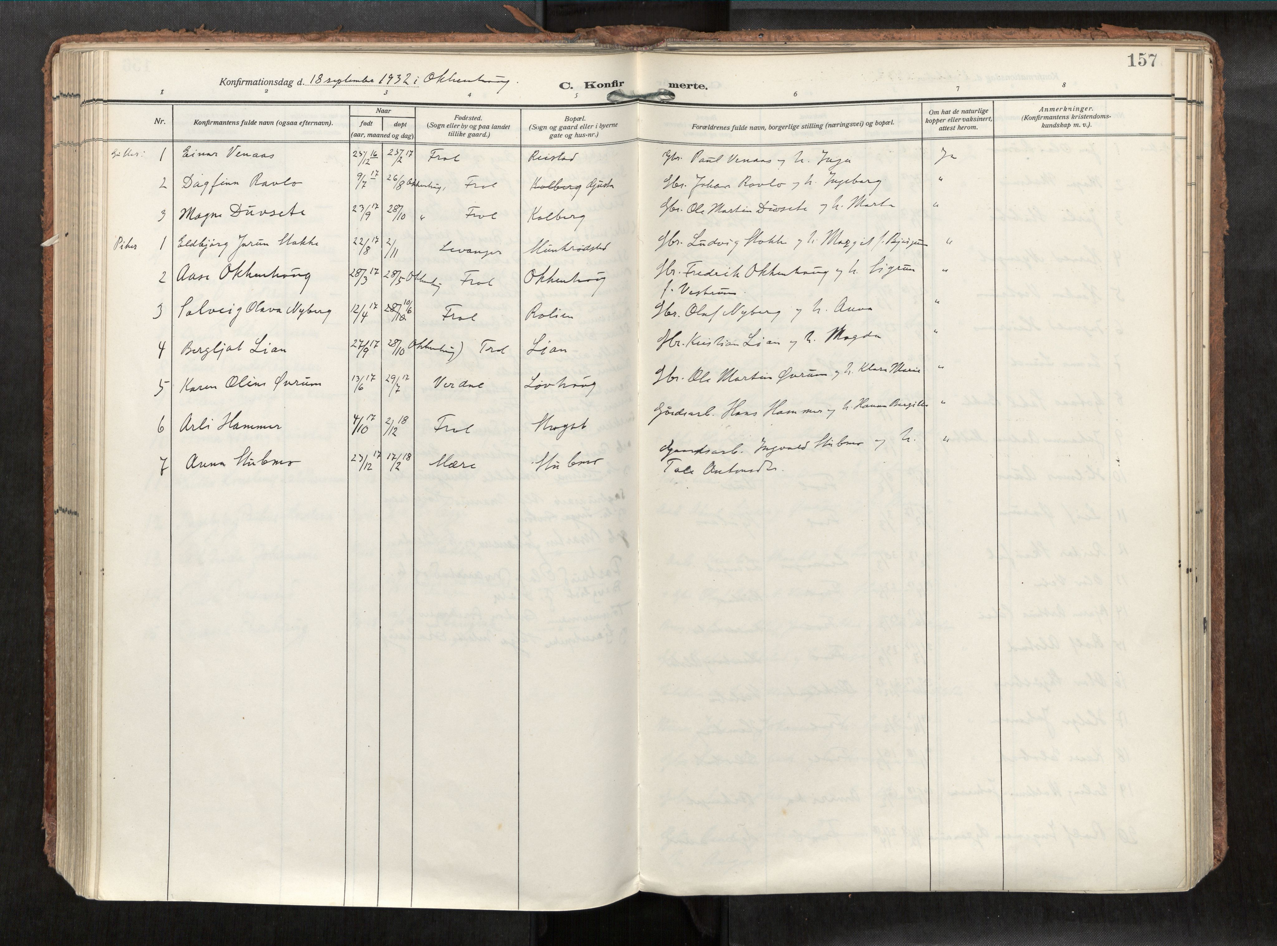 Levanger sokneprestkontor, SAT/A-1301/2/H/Haa/L0002: Parish register (official) no. 2, 1912-1935, p. 157