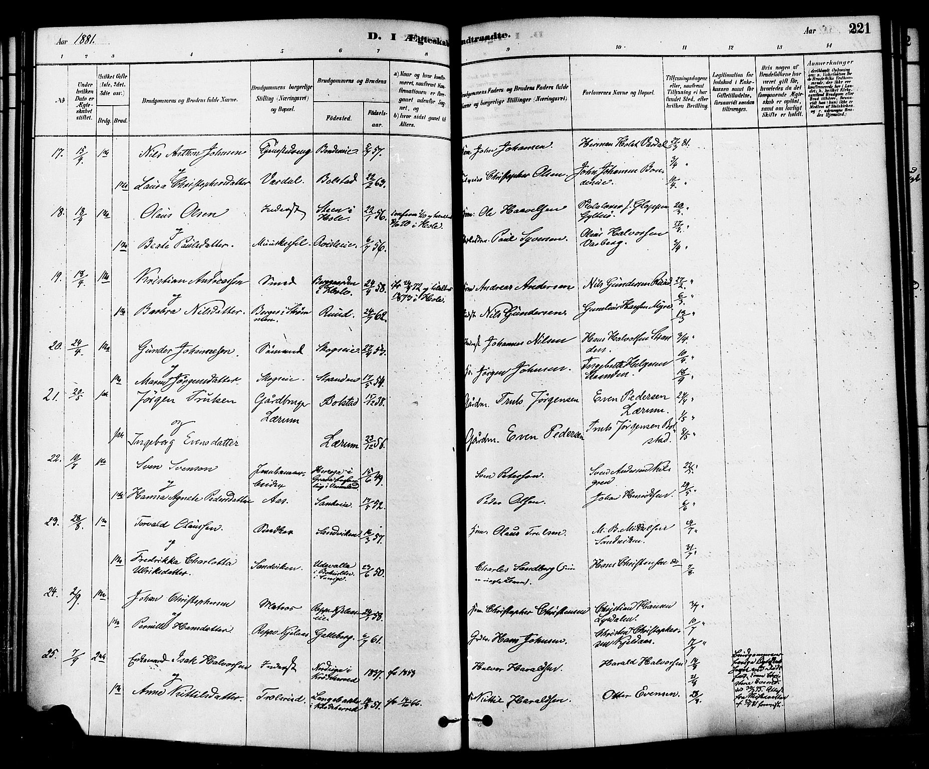 Sande Kirkebøker, AV/SAKO-A-53/F/Fa/L0006: Parish register (official) no. 6, 1878-1888, p. 221