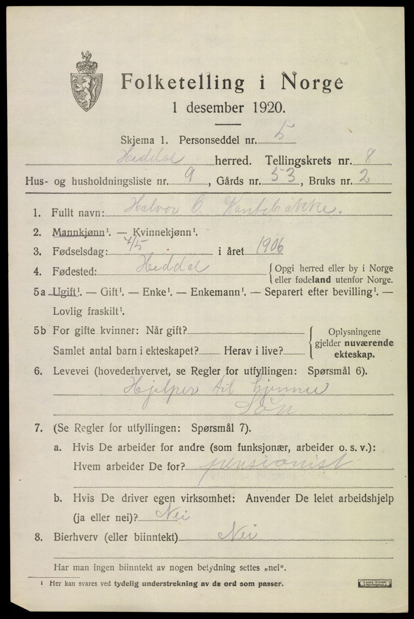 SAKO, 1920 census for Heddal, 1920, p. 6098