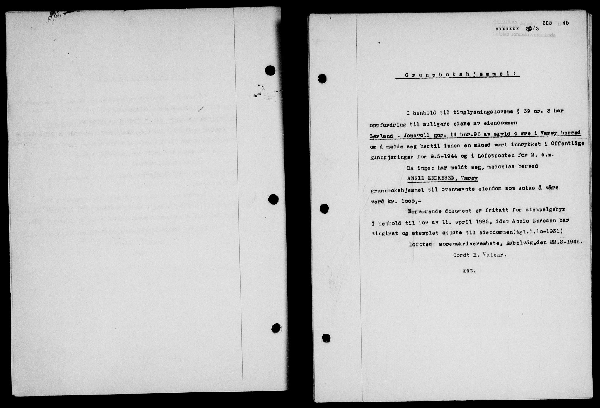 Lofoten sorenskriveri, SAT/A-0017/1/2/2C/L0013a: Mortgage book no. 13a, 1944-1946, Diary no: : 225/1945