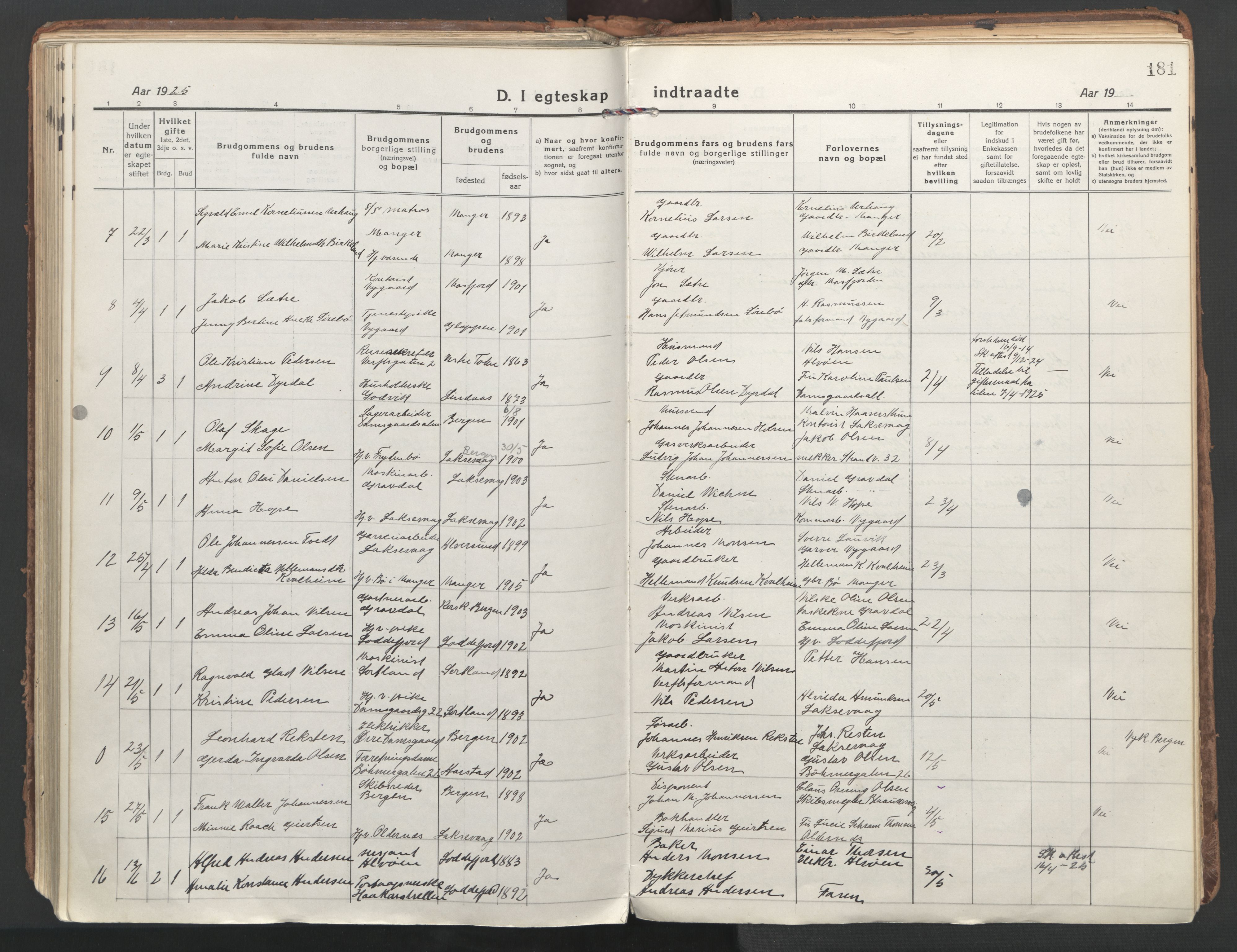 Laksevåg Sokneprestembete, AV/SAB-A-76501/H/Ha/Haa/Haaa/L0002: Parish register (official) no. A 2, 1917-1927, p. 181