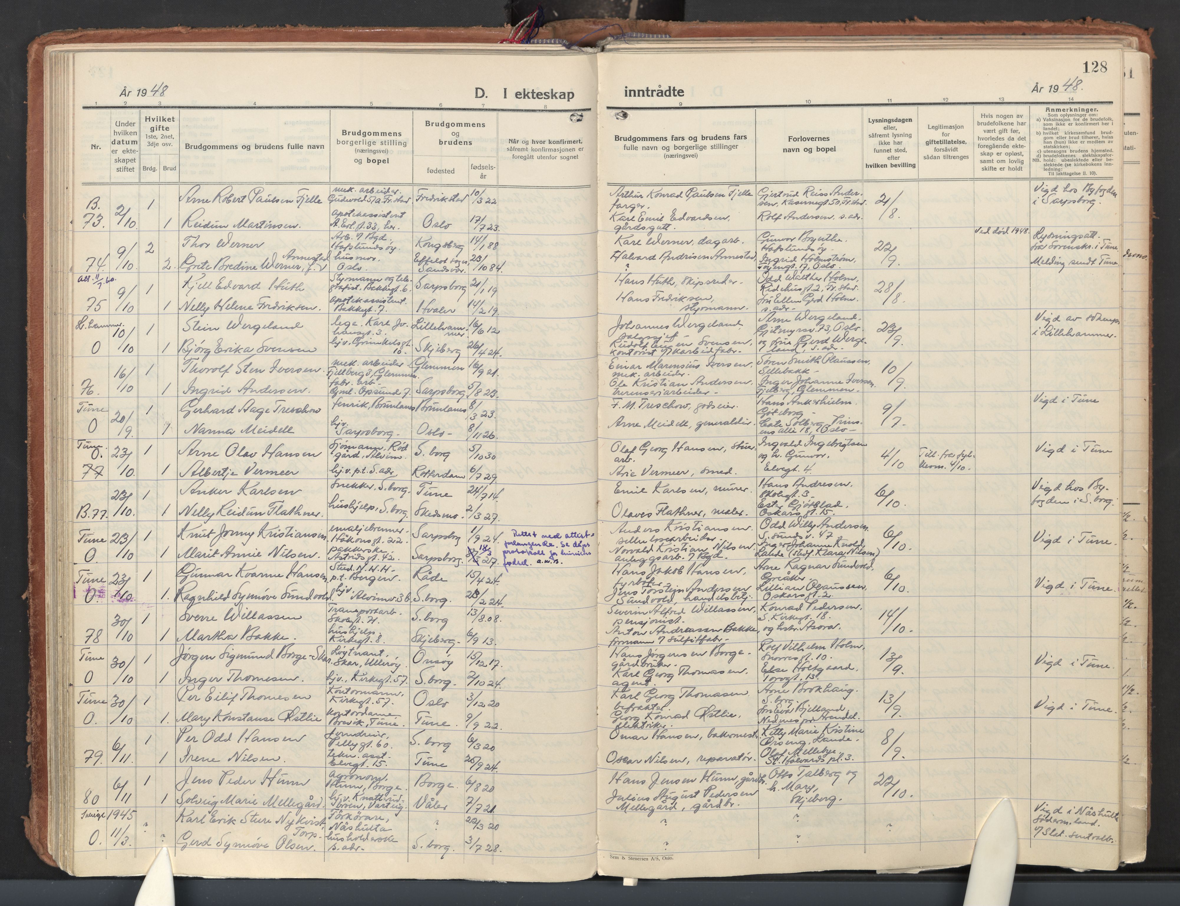 Sarpsborg prestekontor Kirkebøker, AV/SAO-A-2006/F/Fa/L0011: Parish register (official) no. 11, 1932-1959, p. 128
