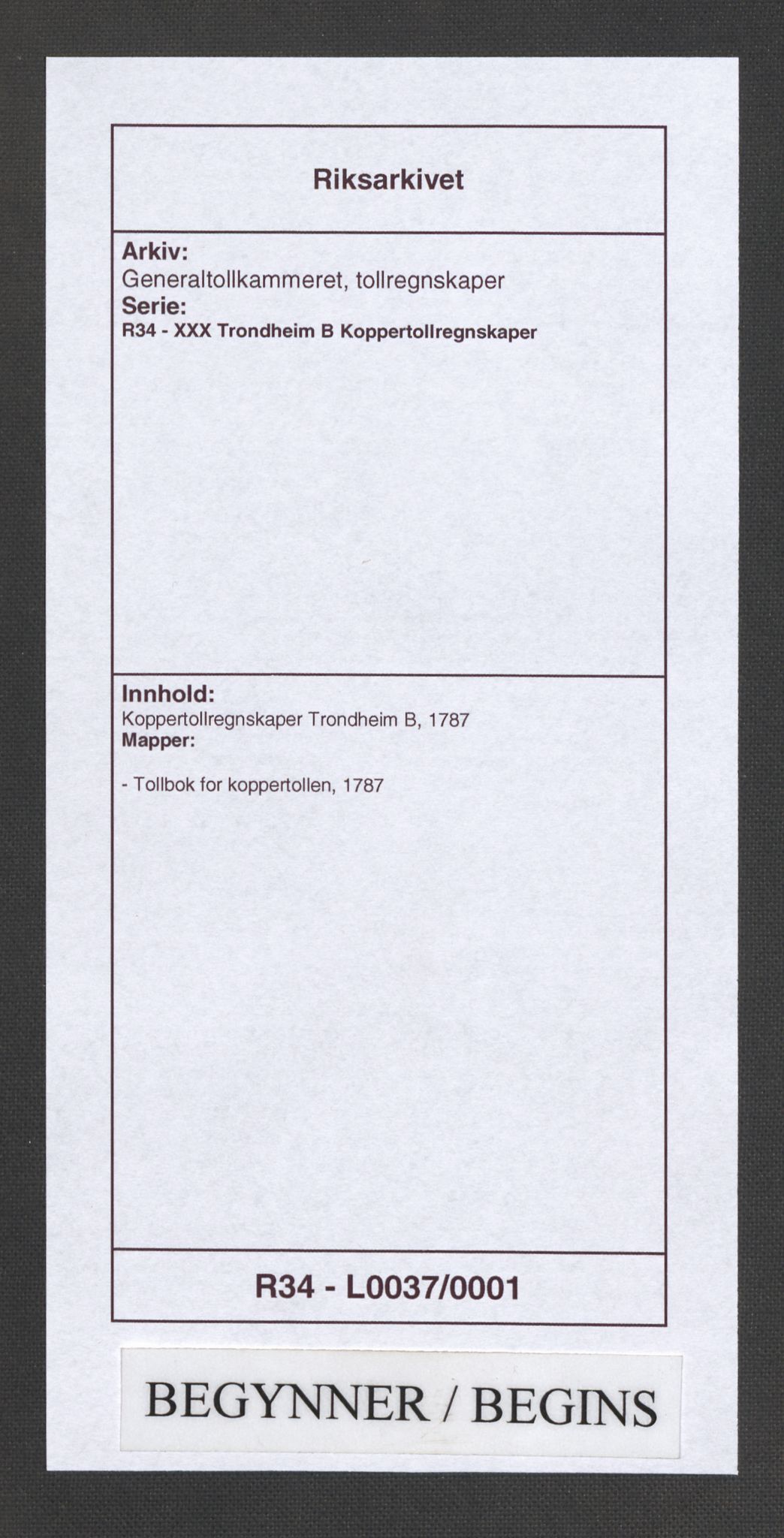 Generaltollkammeret, tollregnskaper, AV/RA-EA-5490/R34/L0037/0001: Koppertollregnskaper Trondheim B / Tollbok for koppertollen, 1787