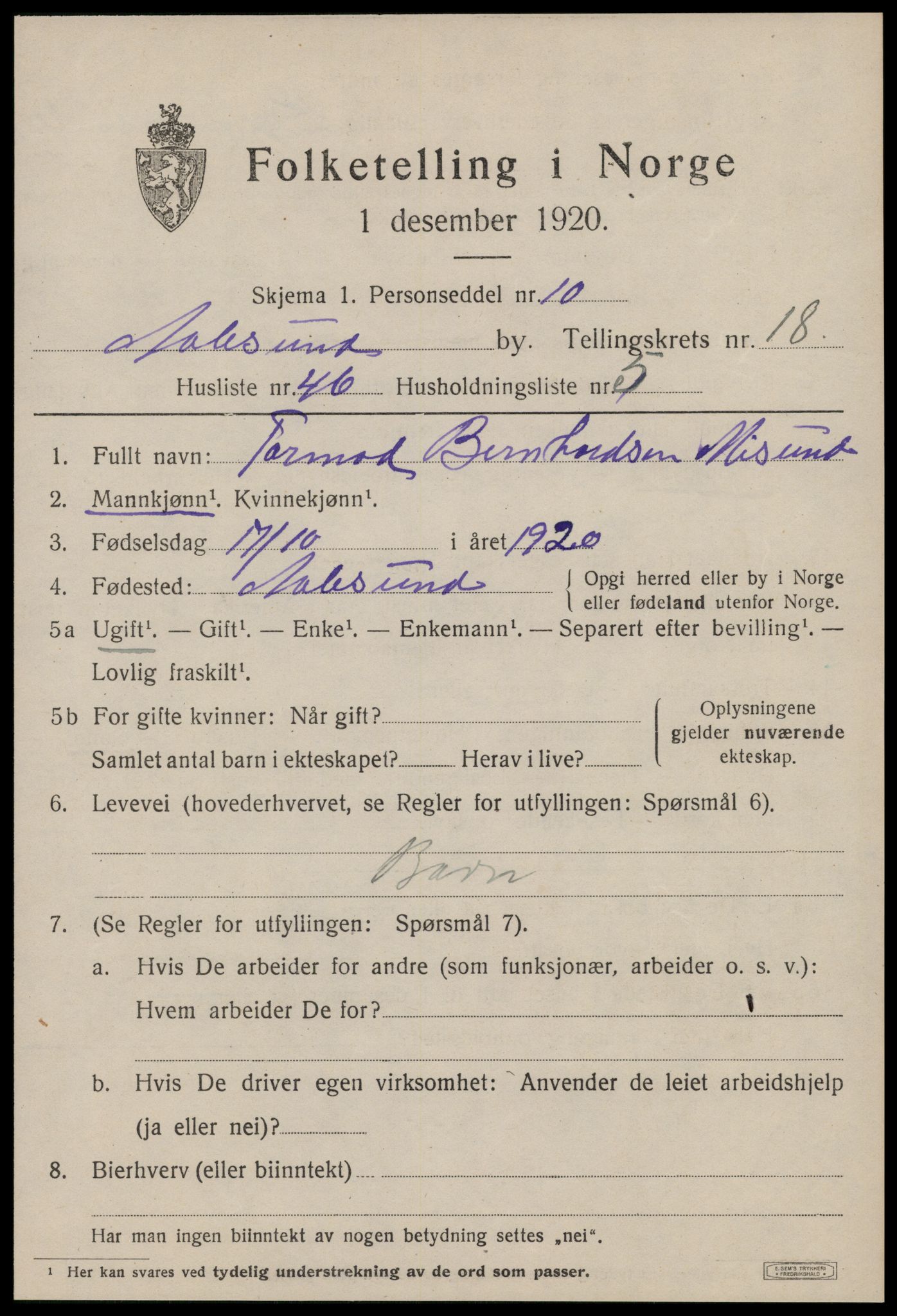 SAT, 1920 census for Ålesund, 1920, p. 35612