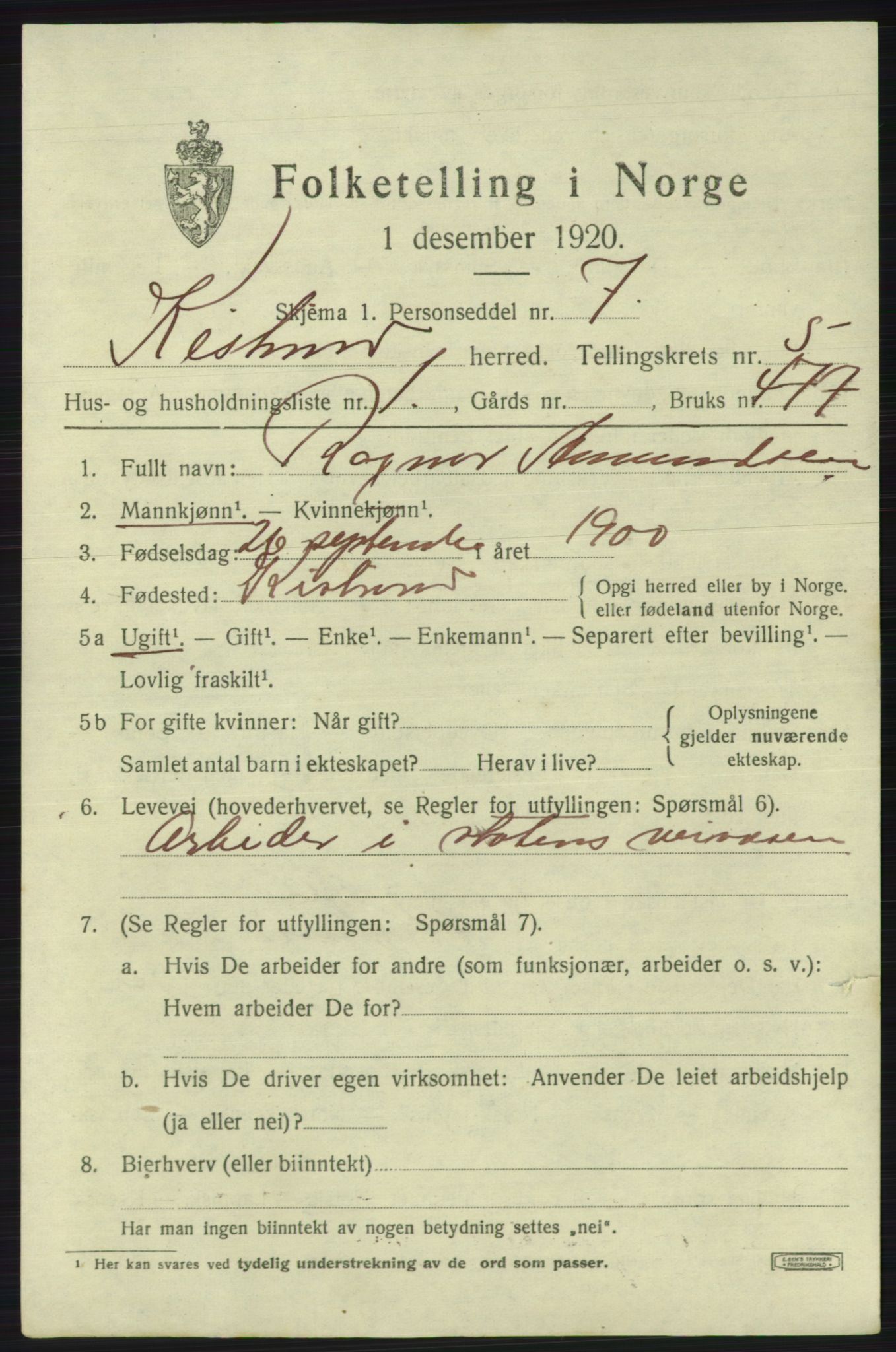 SATØ, 1920 census for Kistrand, 1920, p. 3088