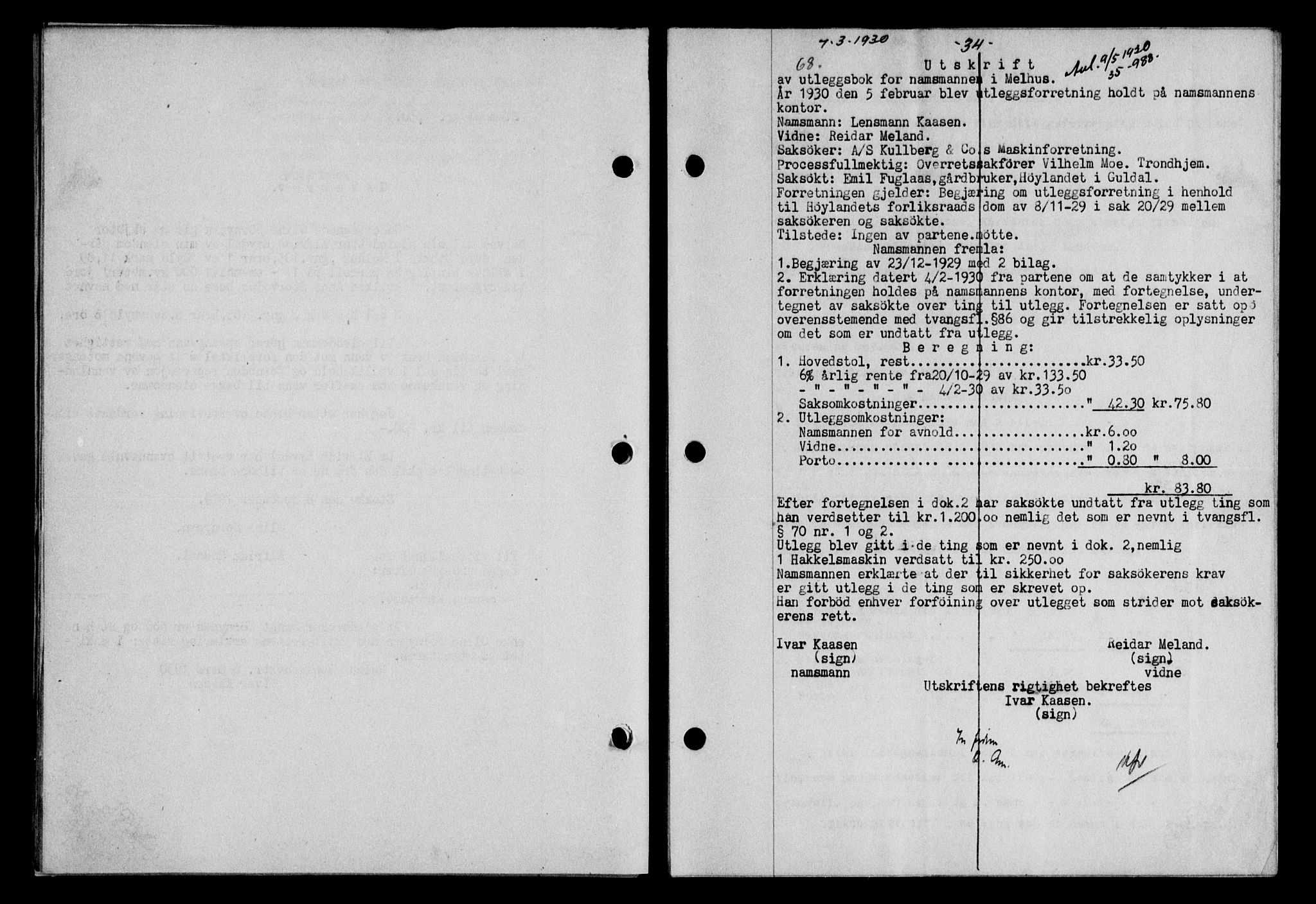 Gauldal sorenskriveri, SAT/A-0014/1/2/2C/L0039: Mortgage book no. 40, 1930-1930, Deed date: 07.03.1930