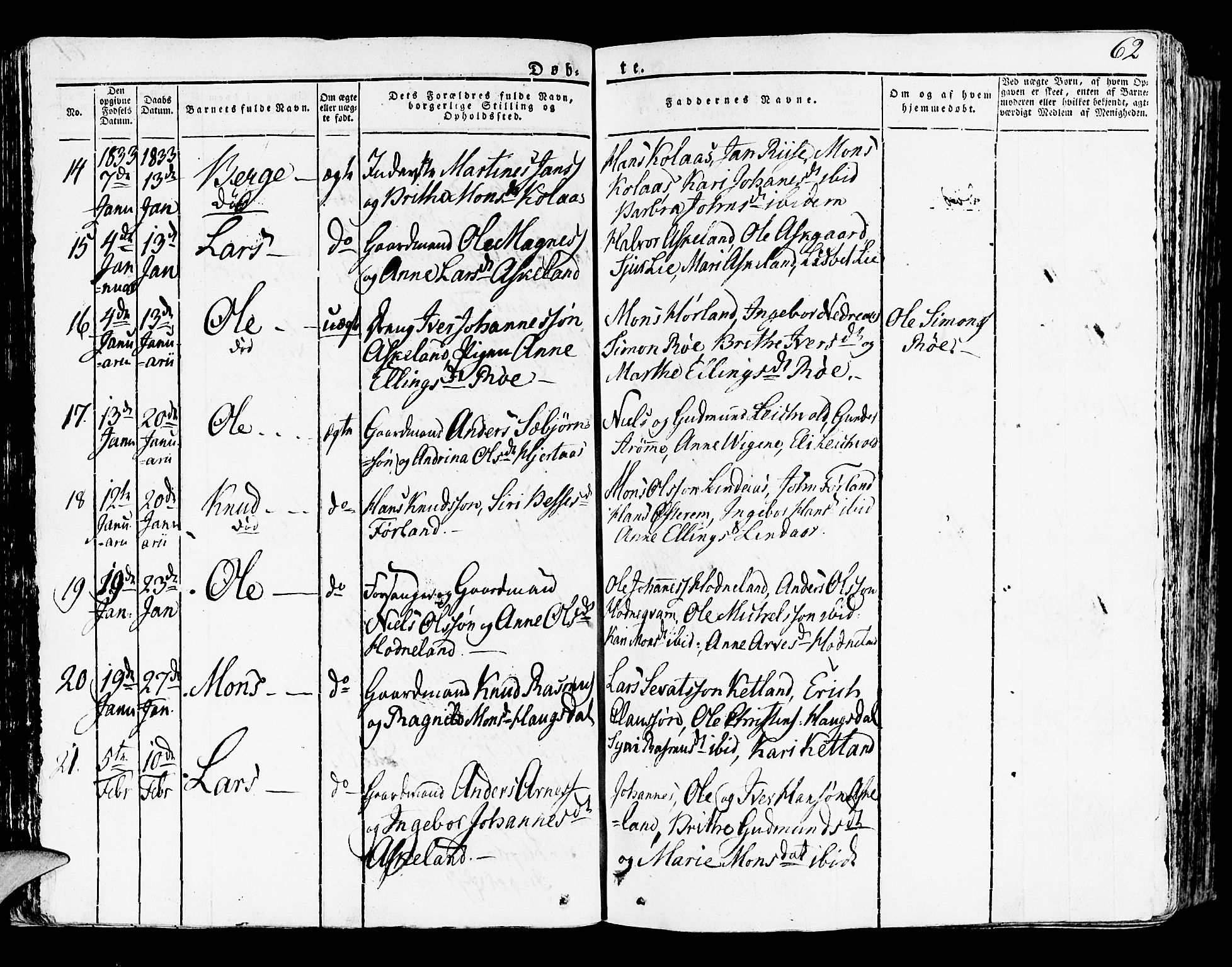 Lindås Sokneprestembete, SAB/A-76701/H/Haa: Parish register (official) no. A 8, 1823-1836, p. 62