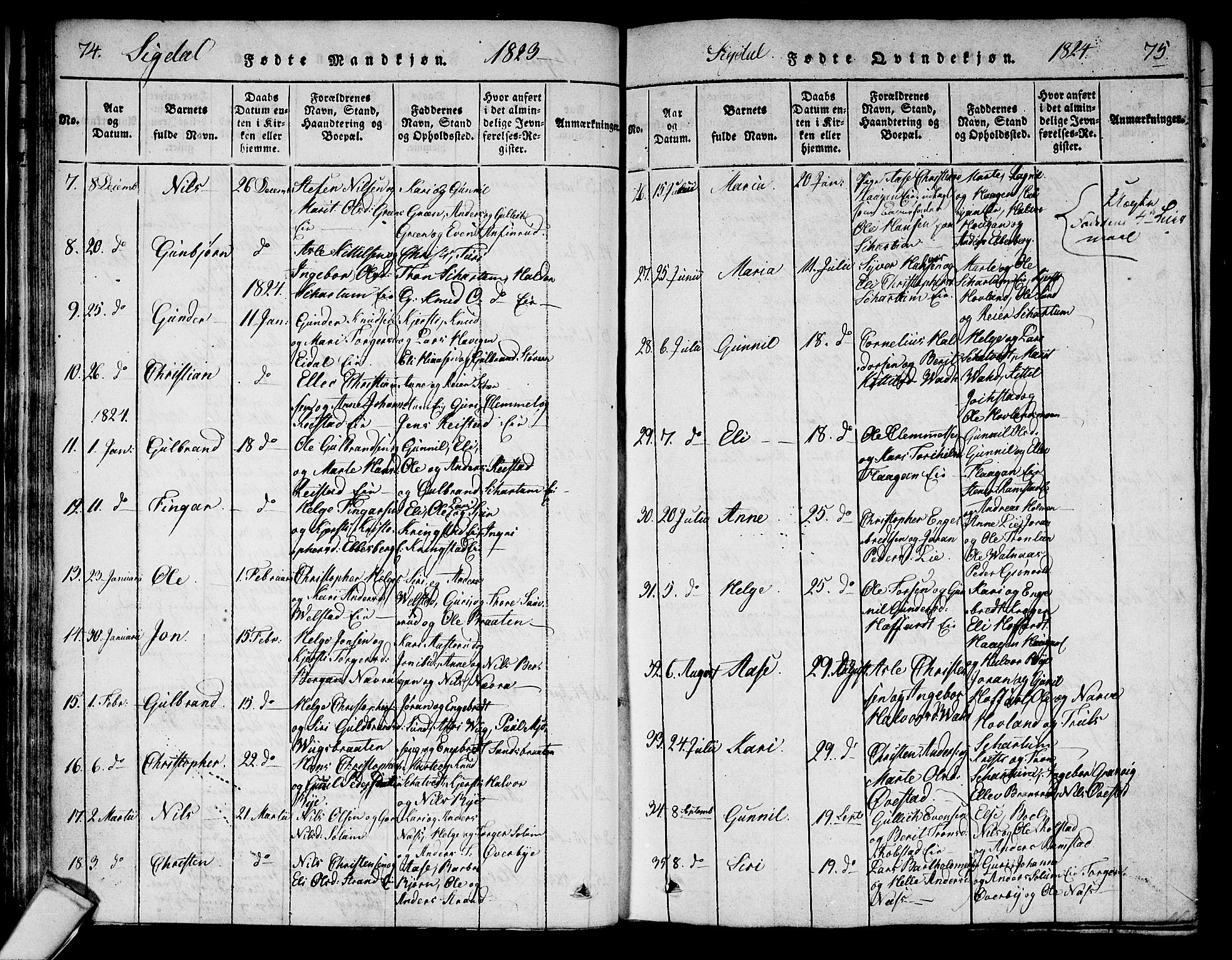 Sigdal kirkebøker, AV/SAKO-A-245/F/Fa/L0005: Parish register (official) no. I 5 /1, 1815-1829, p. 74-75