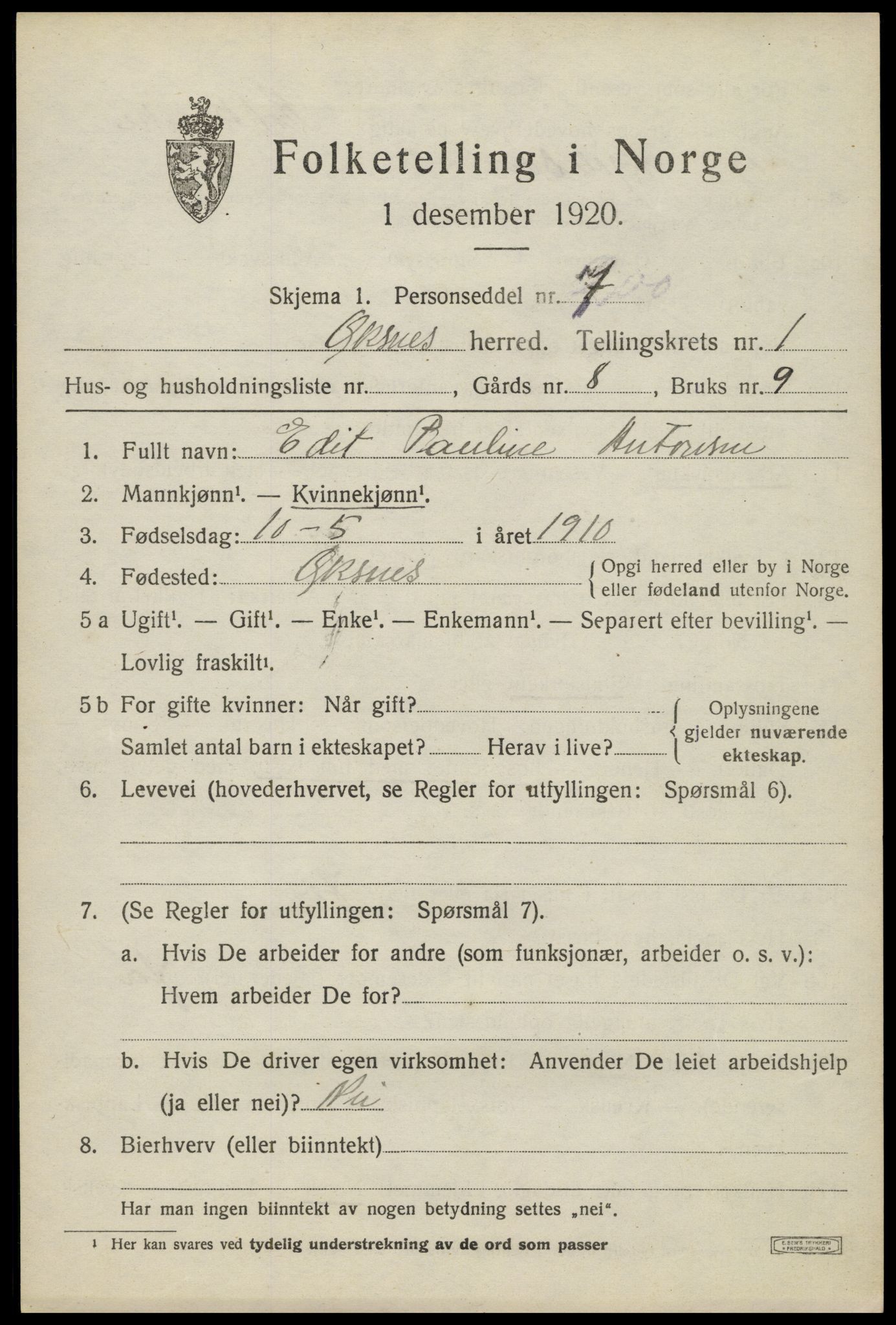 SAT, 1920 census for Øksnes, 1920, p. 1146