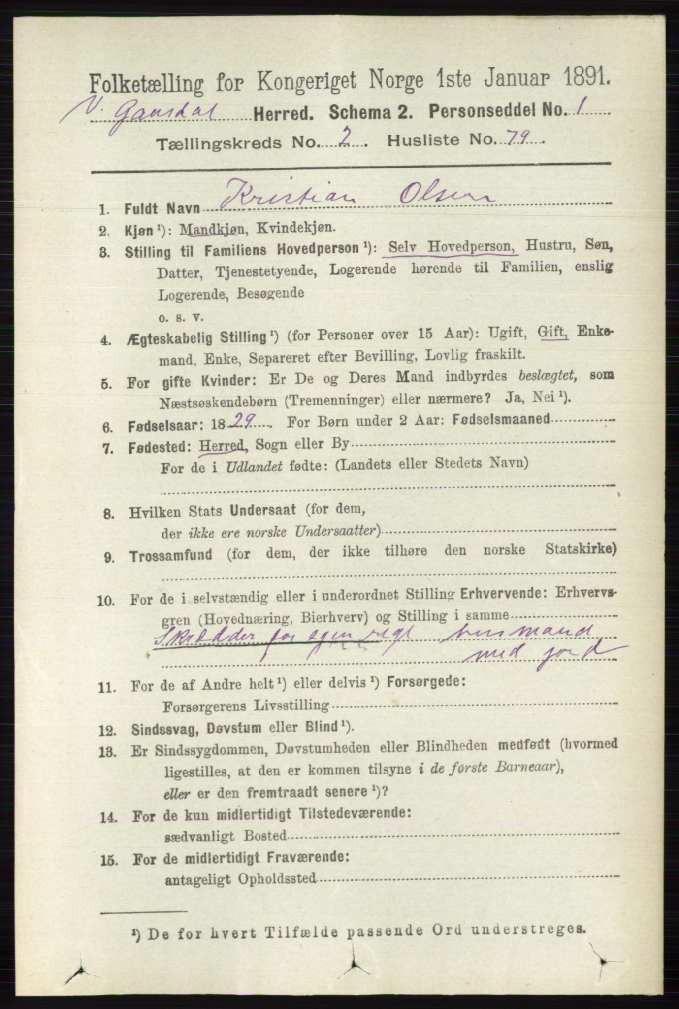 RA, 1891 census for 0523 Vestre Gausdal, 1891, p. 981