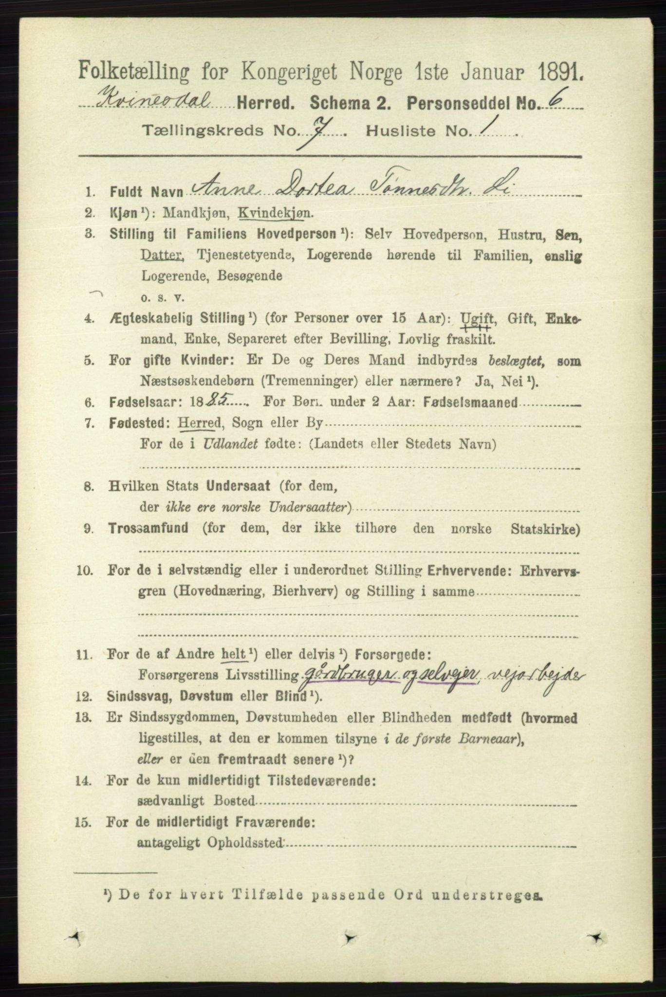 RA, 1891 census for 1037 Kvinesdal, 1891, p. 2426