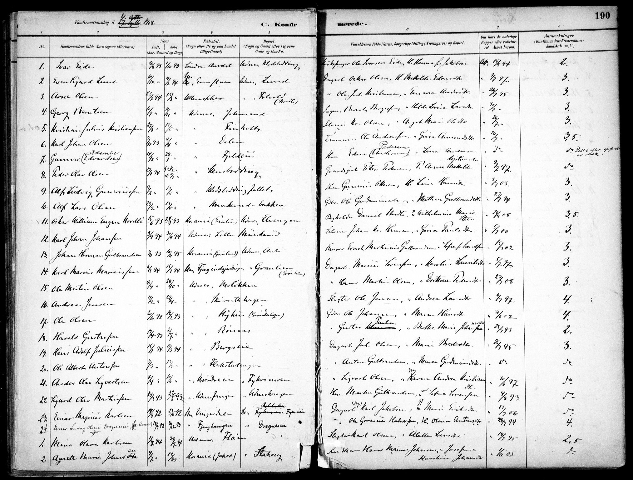 Nes prestekontor Kirkebøker, AV/SAO-A-10410/F/Fc/L0002: Parish register (official) no. IIi 2, 1882-1916, p. 190