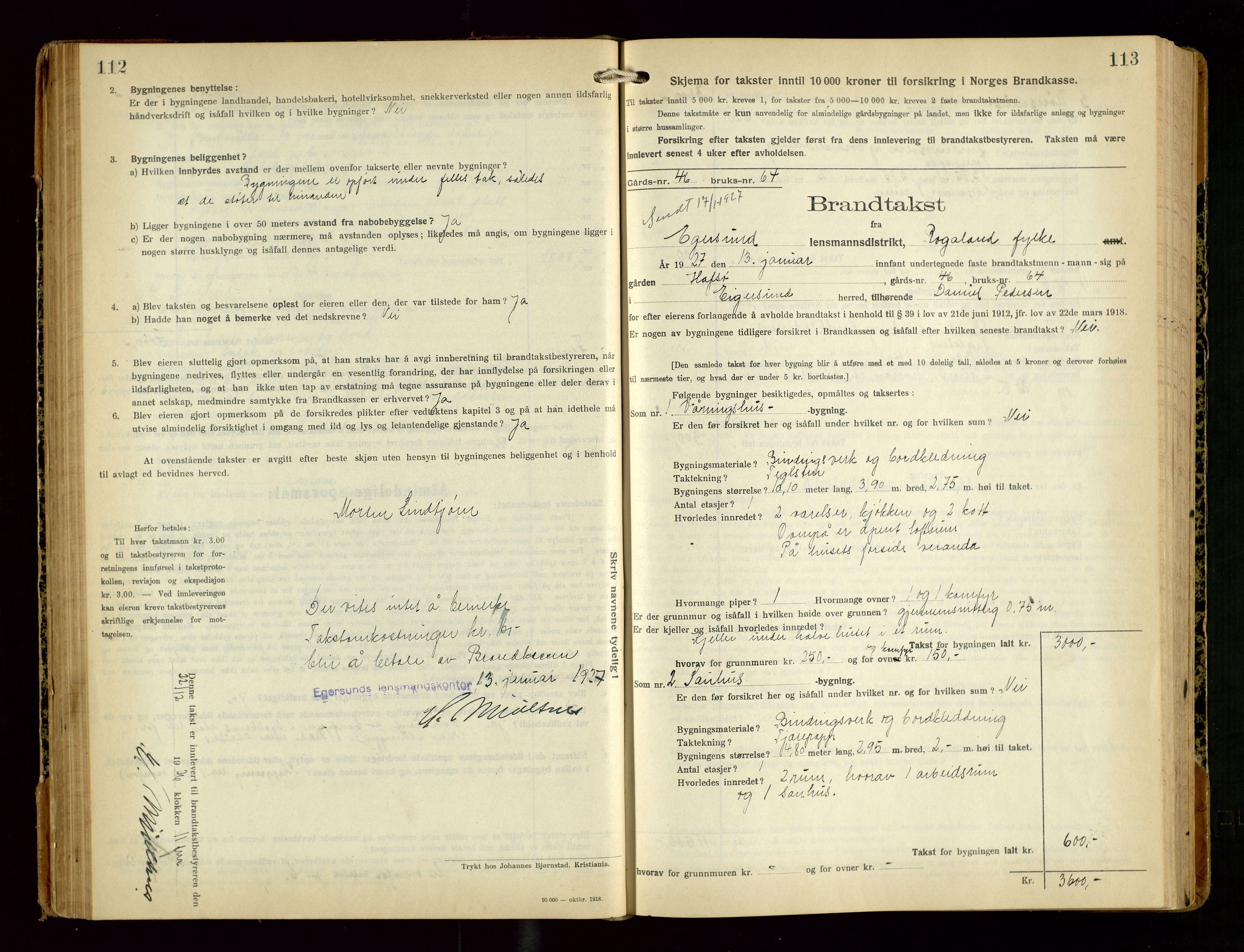 Eigersund lensmannskontor, AV/SAST-A-100171/Gob/L0005: "Brandtakstprotokoll", 1925-1934, p. 112-113