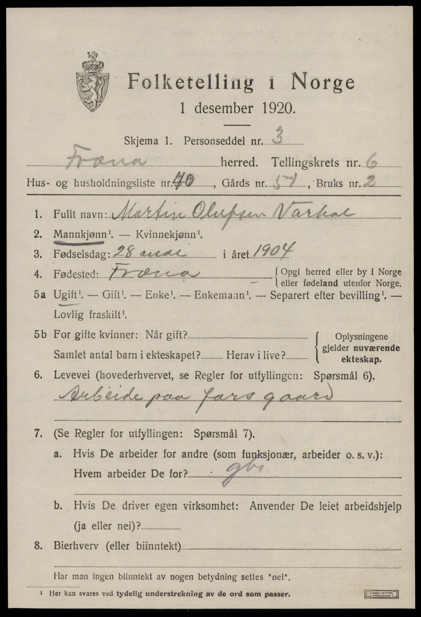 SAT, 1920 census for Fræna, 1920, p. 4521