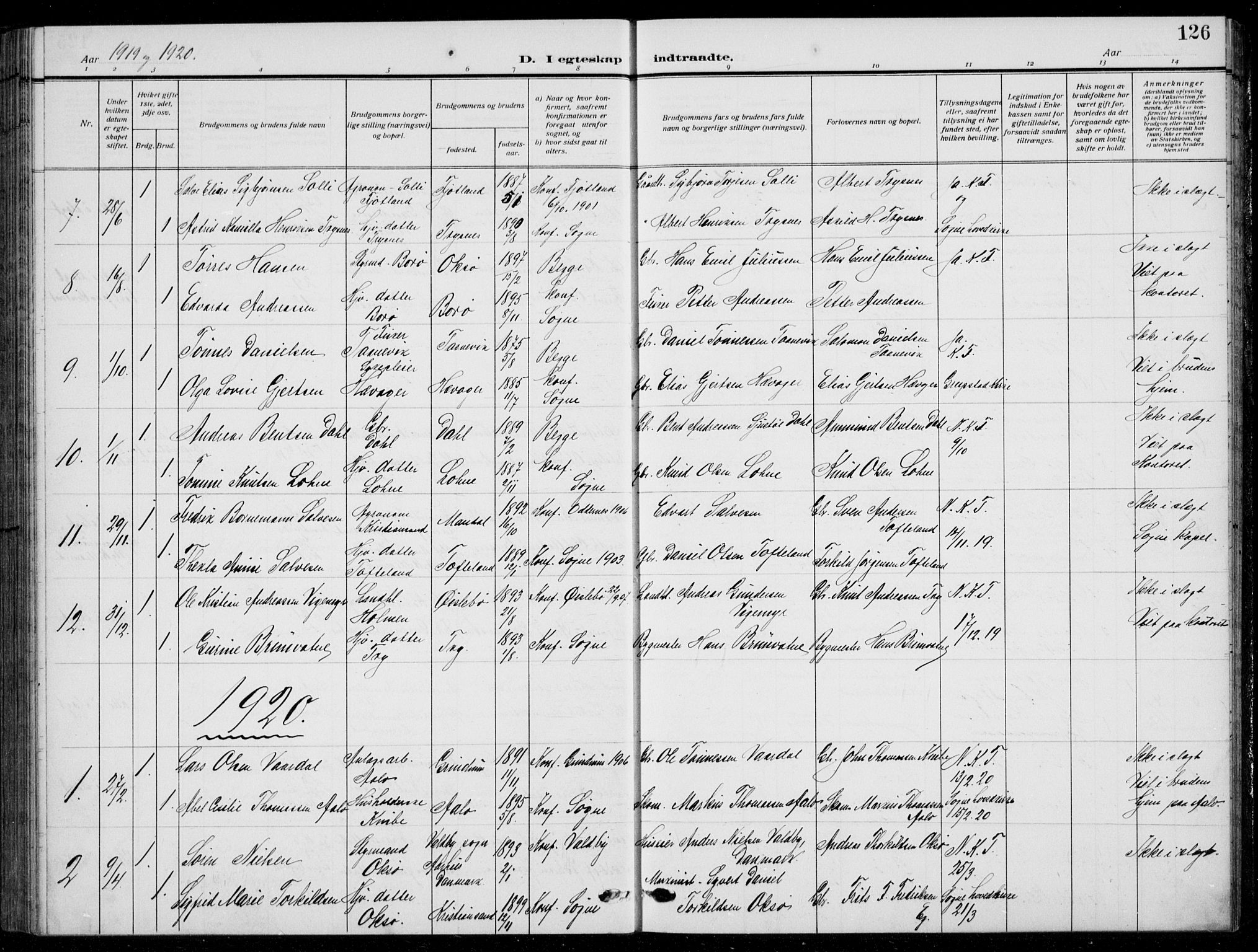 Søgne sokneprestkontor, SAK/1111-0037/F/Fb/Fbb/L0007: Parish register (copy) no. B 7, 1912-1931, p. 126