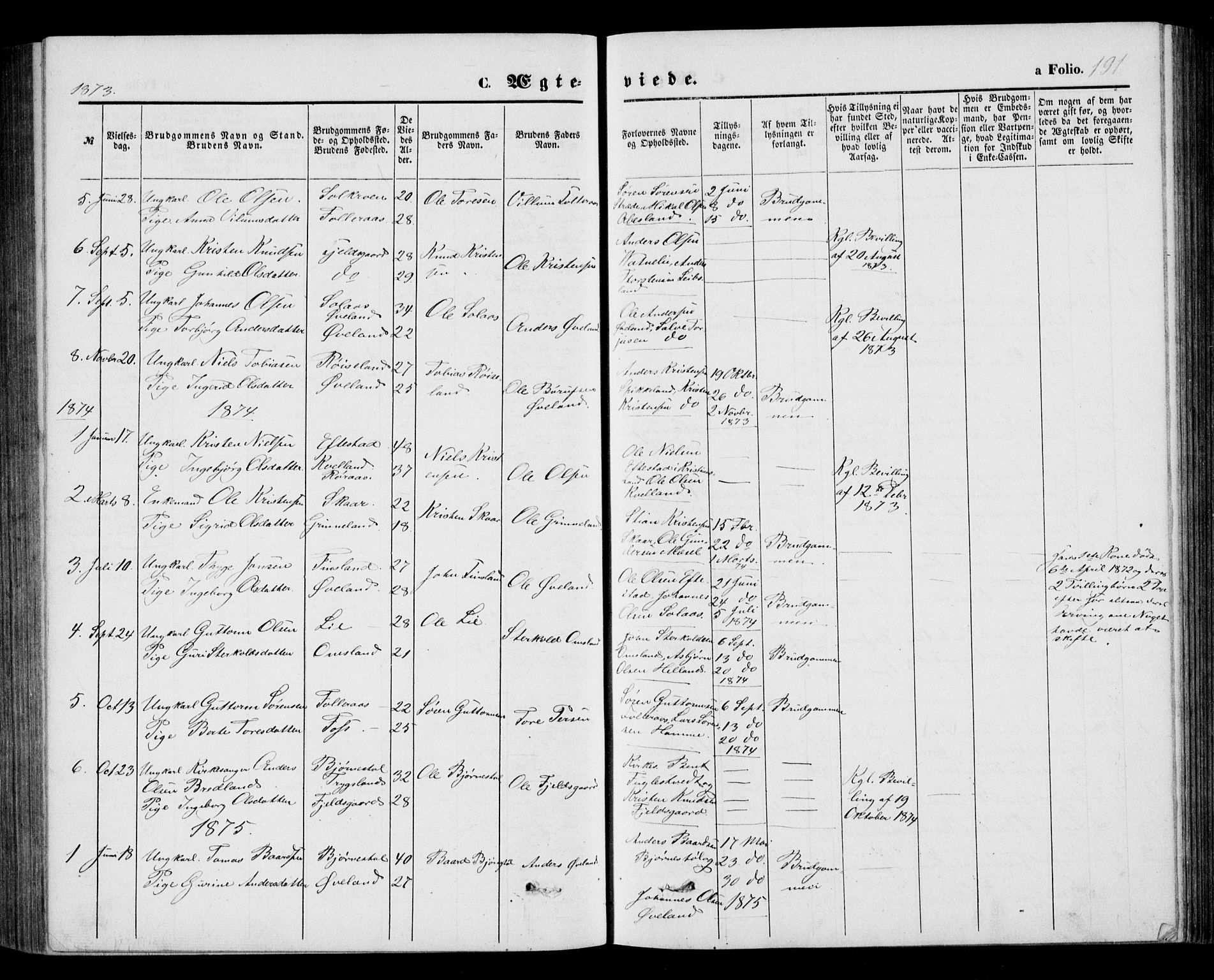 Bjelland sokneprestkontor, AV/SAK-1111-0005/F/Fb/Fbb/L0004: Parish register (copy) no. B 4, 1867-1887, p. 191