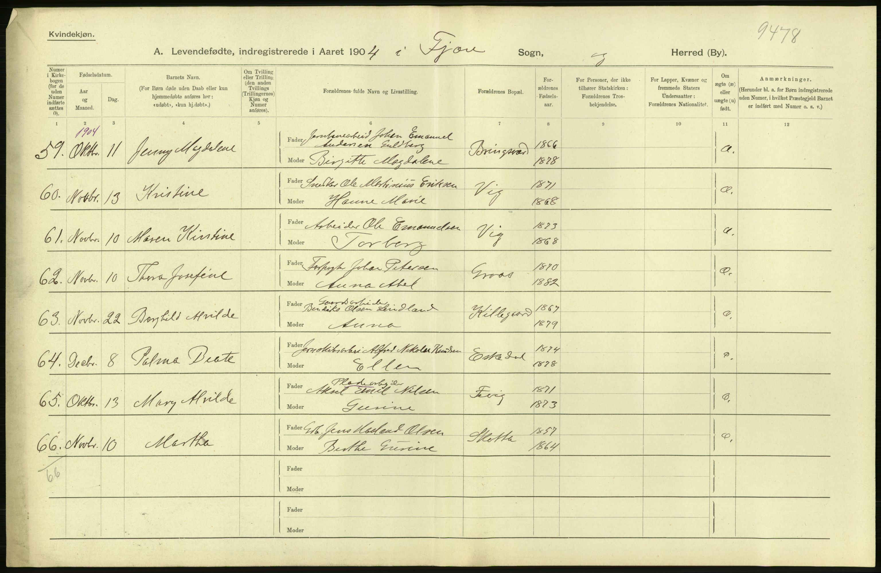 Statistisk sentralbyrå, Sosiodemografiske emner, Befolkning, AV/RA-S-2228/D/Df/Dfa/Dfab/L0010: Nedenes amt: Fødte, gifte, døde, 1904, p. 58