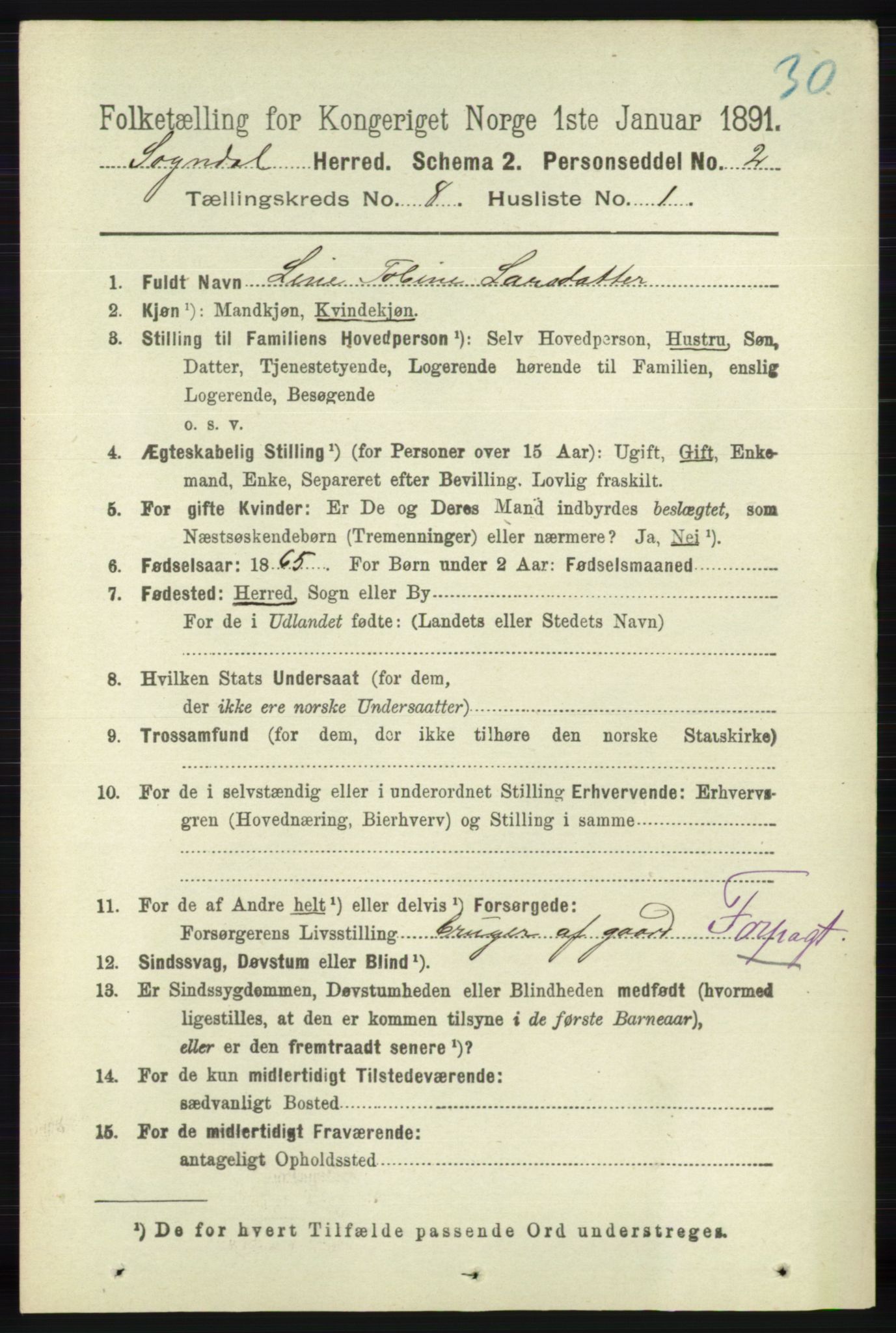 RA, 1891 census for 1111 Sokndal, 1891, p. 2691