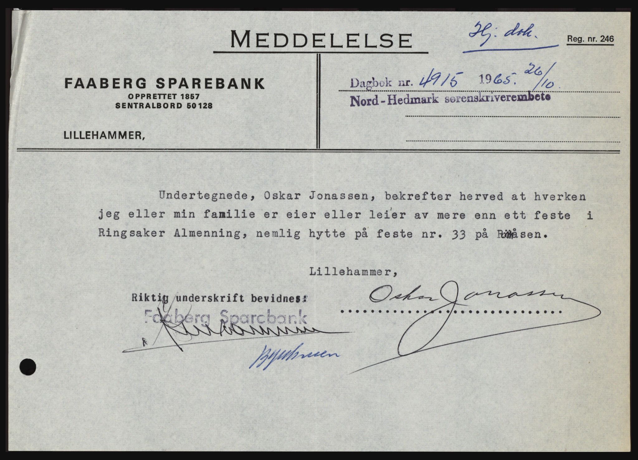 Nord-Hedmark sorenskriveri, SAH/TING-012/H/Hc/L0022: Mortgage book no. 22, 1965-1965, Diary no: : 4915/1965