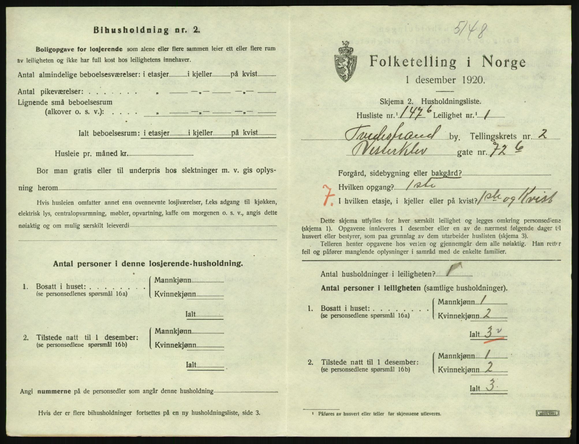 SAK, 1920 census for Tvedestrand, 1920, p. 1317