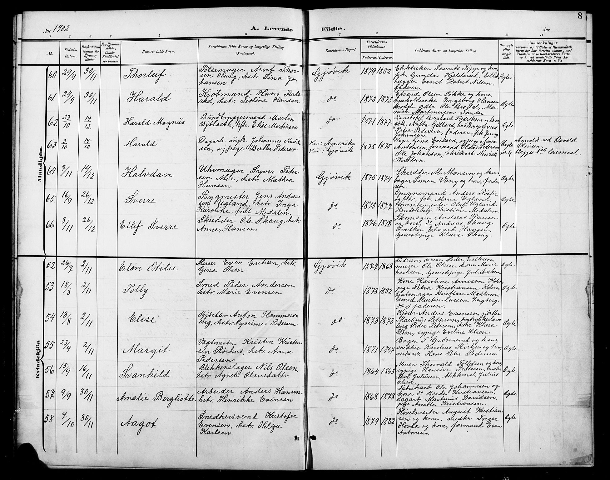 Vardal prestekontor, SAH/PREST-100/H/Ha/Hab/L0012: Parish register (copy) no. 12, 1902-1911, p. 8