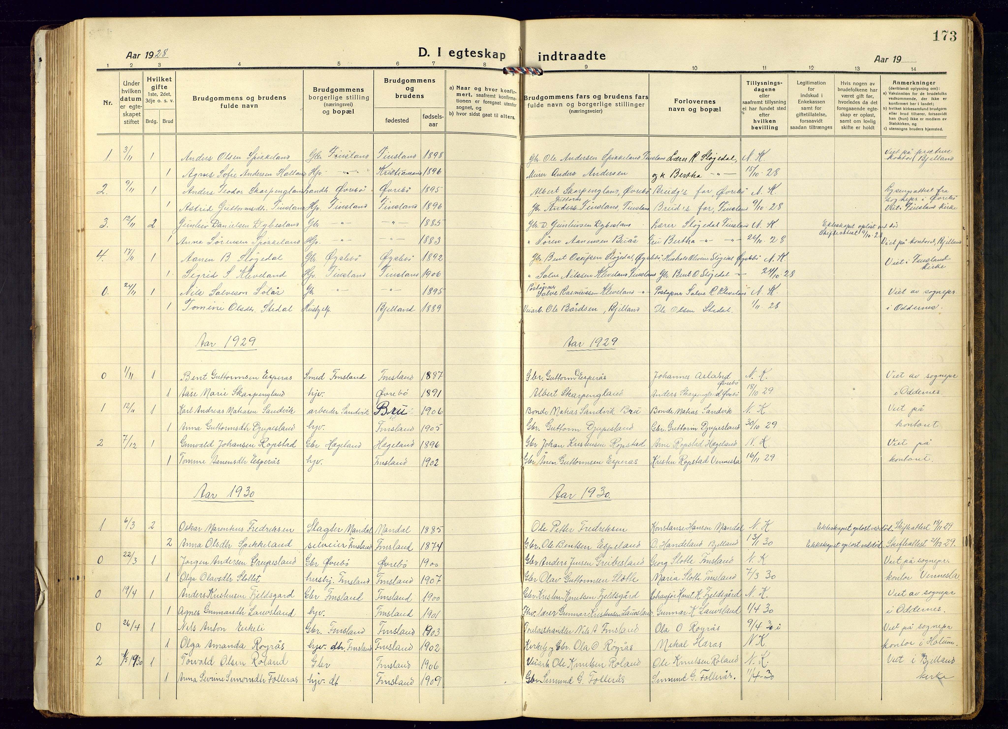 Bjelland sokneprestkontor, SAK/1111-0005/F/Fb/Fbb/L0006: Parish register (copy) no. B-6, 1918-1946, p. 173
