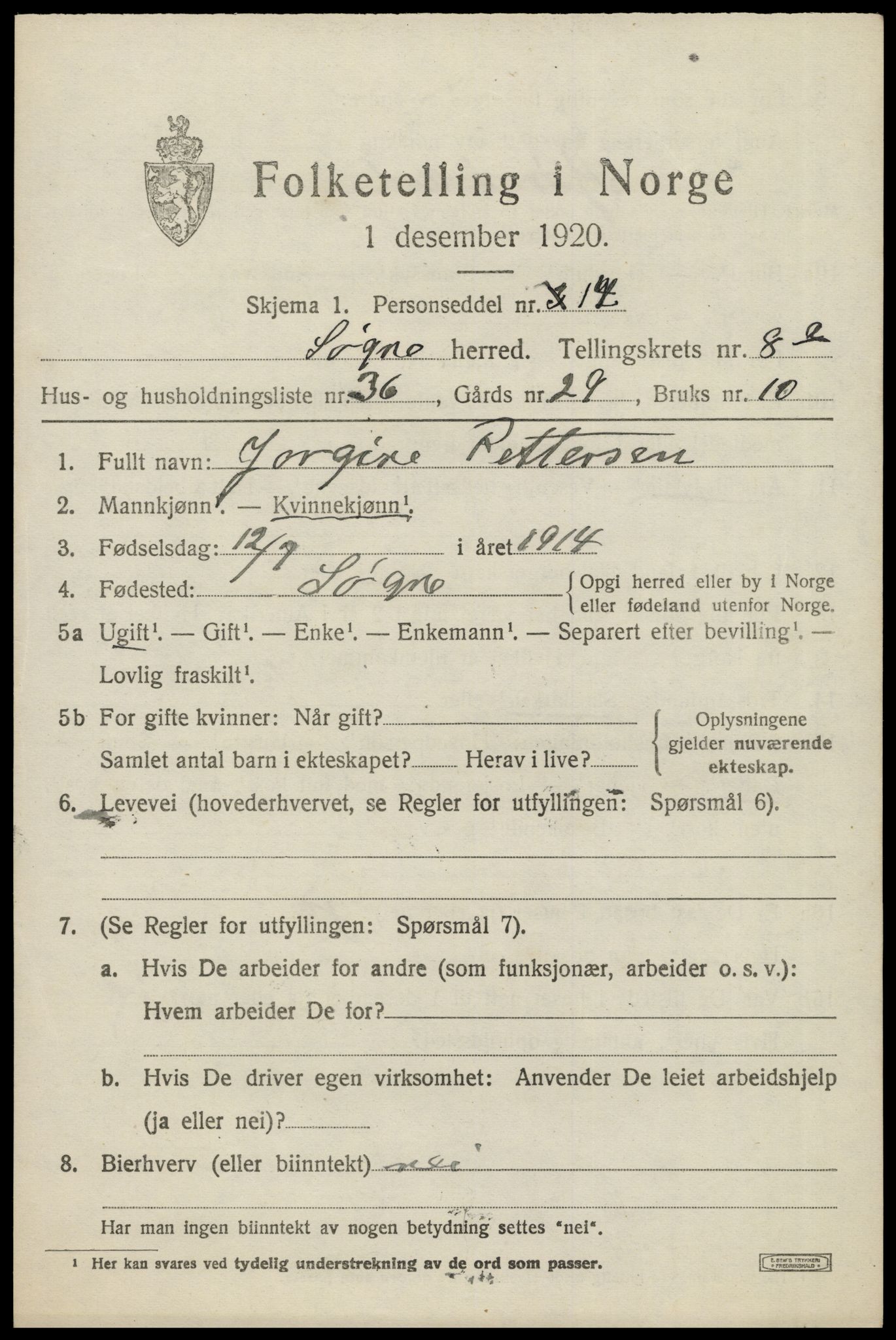 SAK, 1920 census for Søgne, 1920, p. 4399