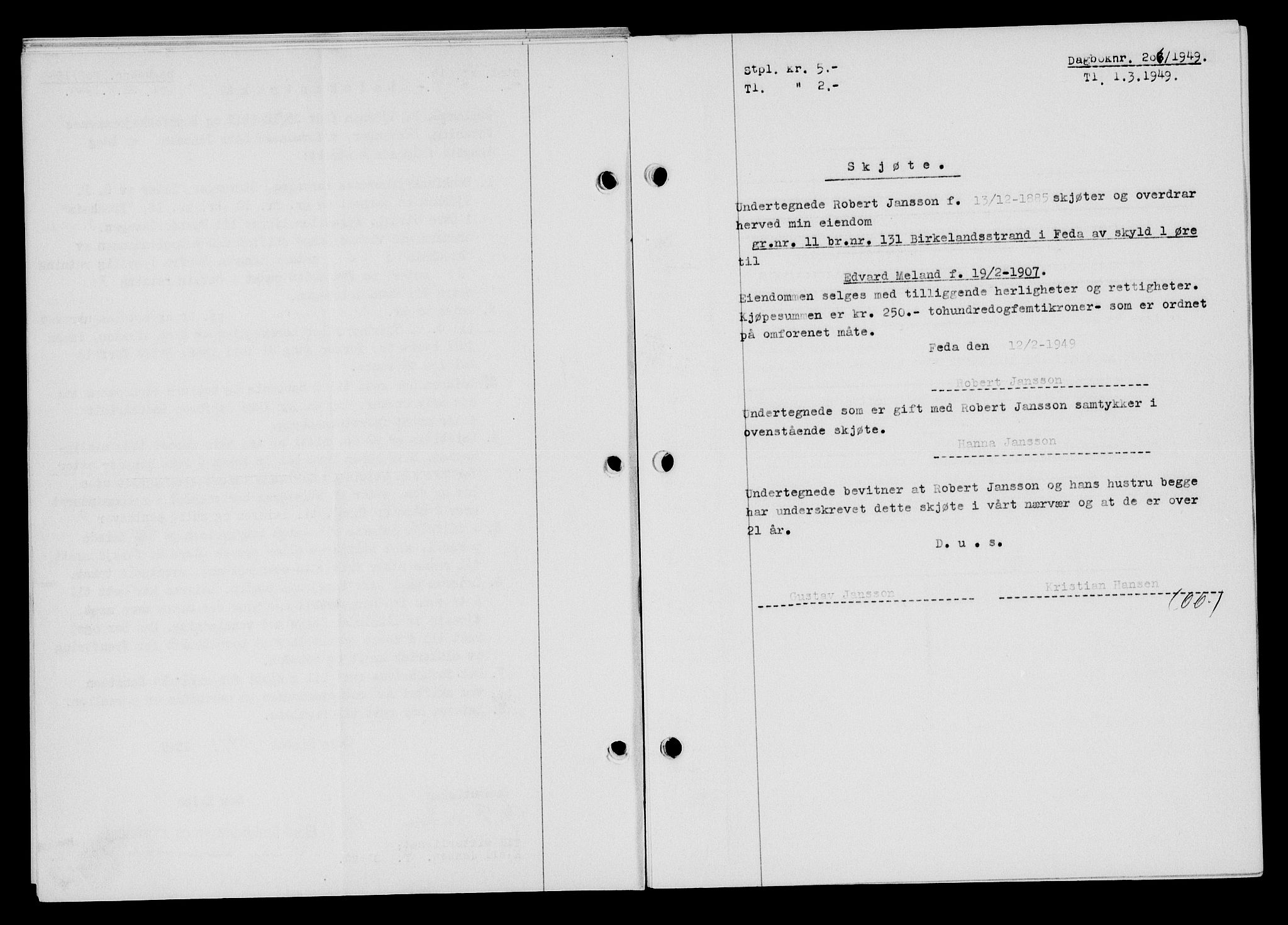 Flekkefjord sorenskriveri, SAK/1221-0001/G/Gb/Gba/L0064: Mortgage book no. A-12, 1948-1949, Diary no: : 206/1949