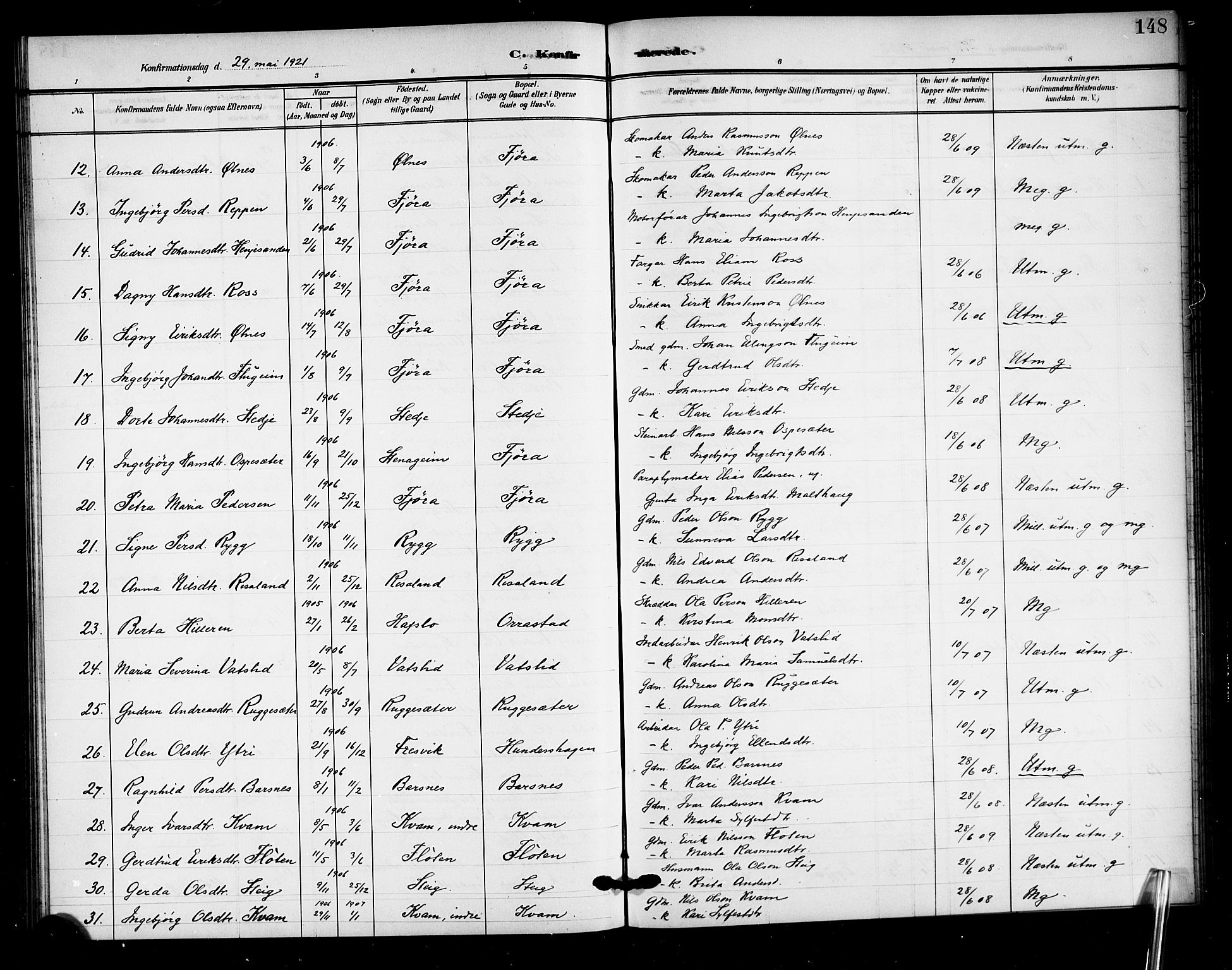 Sogndal sokneprestembete, AV/SAB-A-81301/H/Hab/Haba/L0002: Parish register (copy) no. A 2, 1908-1924, p. 148