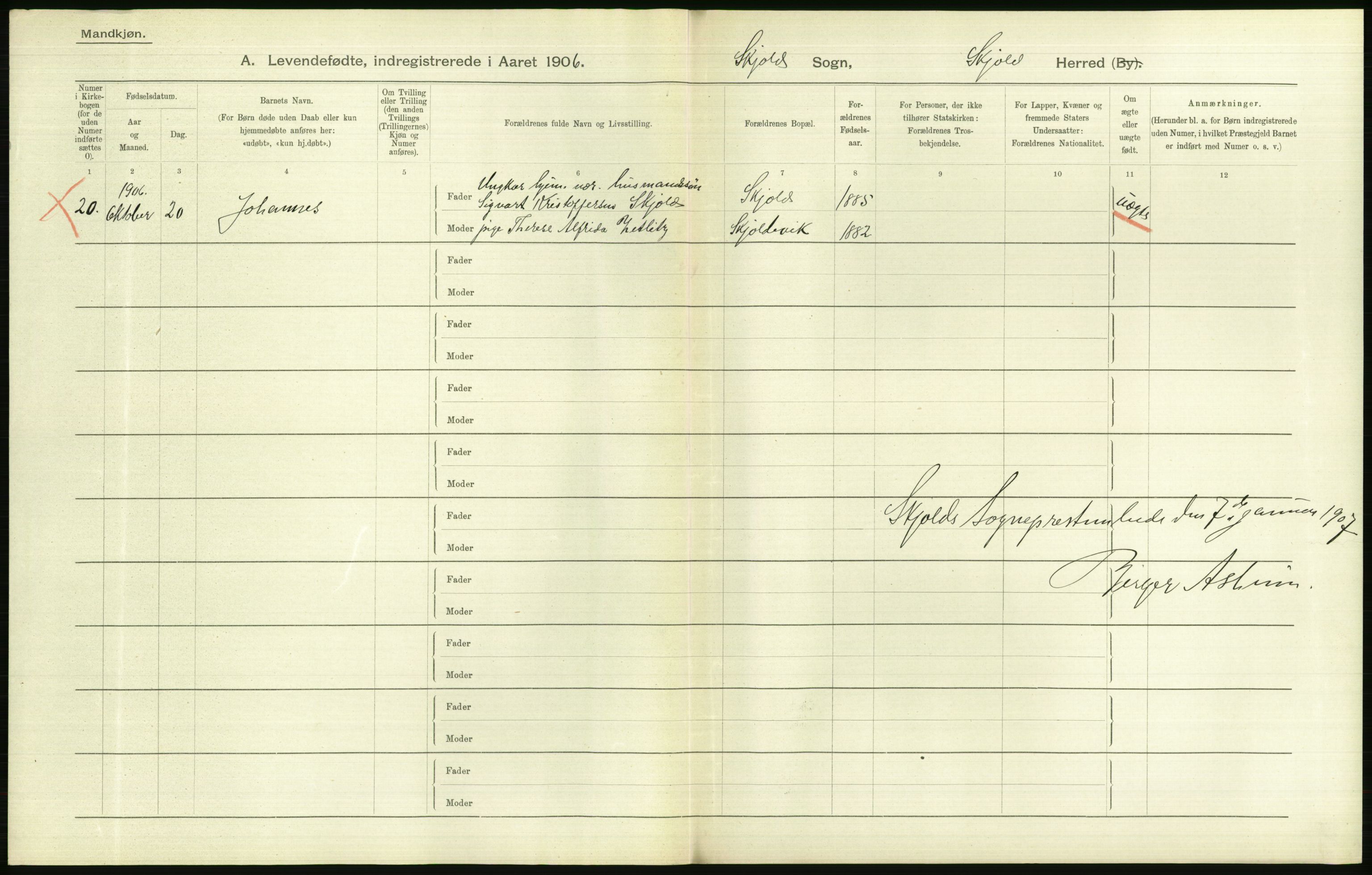 Statistisk sentralbyrå, Sosiodemografiske emner, Befolkning, AV/RA-S-2228/D/Df/Dfa/Dfad/L0025: Stavanger amt: Levendefødte menn og kvinner. Bygder., 1906, p. 274