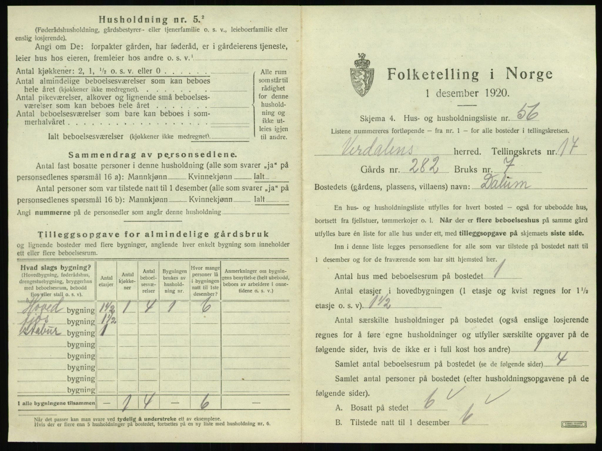 SAT, 1920 census for Verdal, 1920, p. 2337