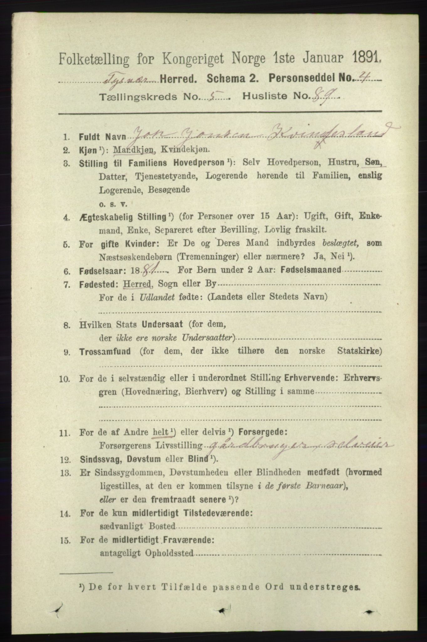 RA, 1891 census for 1146 Tysvær, 1891, p. 2304