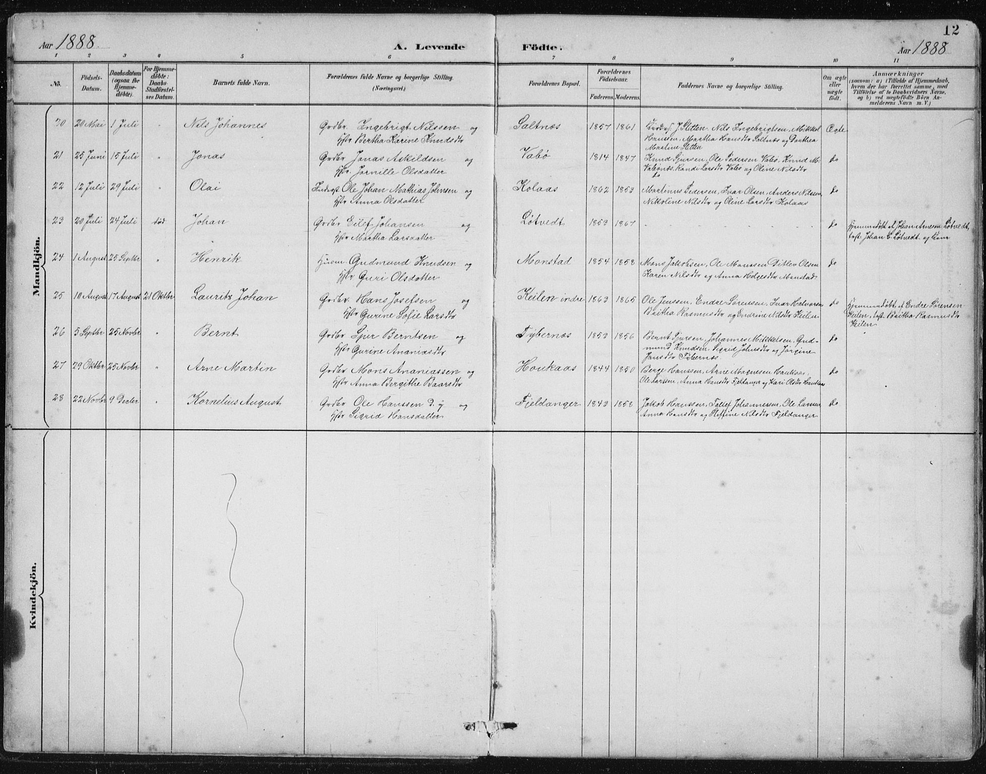 Lindås Sokneprestembete, SAB/A-76701/H/Hab: Parish register (copy) no. B 3, 1886-1914, p. 12