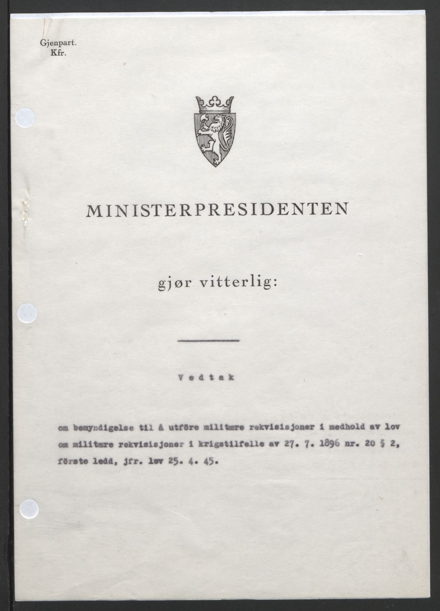 NS-administrasjonen 1940-1945 (Statsrådsekretariatet, de kommisariske statsråder mm), RA/S-4279/D/Db/L0101/0001: -- / Lover og vedtak, 1945, p. 258
