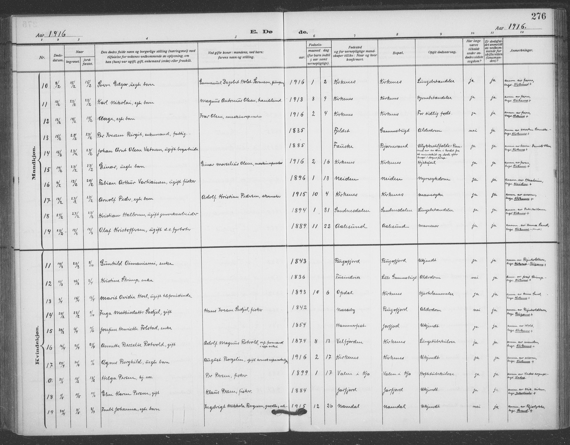 Sør-Varanger sokneprestkontor, AV/SATØ-S-1331/H/Ha/L0005kirke: Parish register (official) no. 5, 1909-1919, p. 276