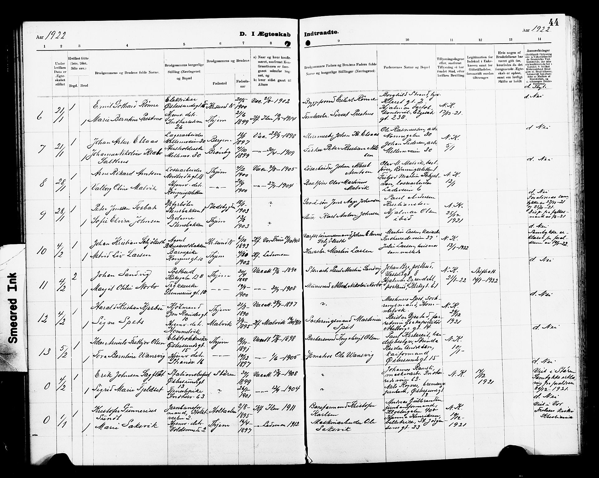 Ministerialprotokoller, klokkerbøker og fødselsregistre - Sør-Trøndelag, AV/SAT-A-1456/605/L0257: Parish register (copy) no. 605C04, 1916-1922, p. 44