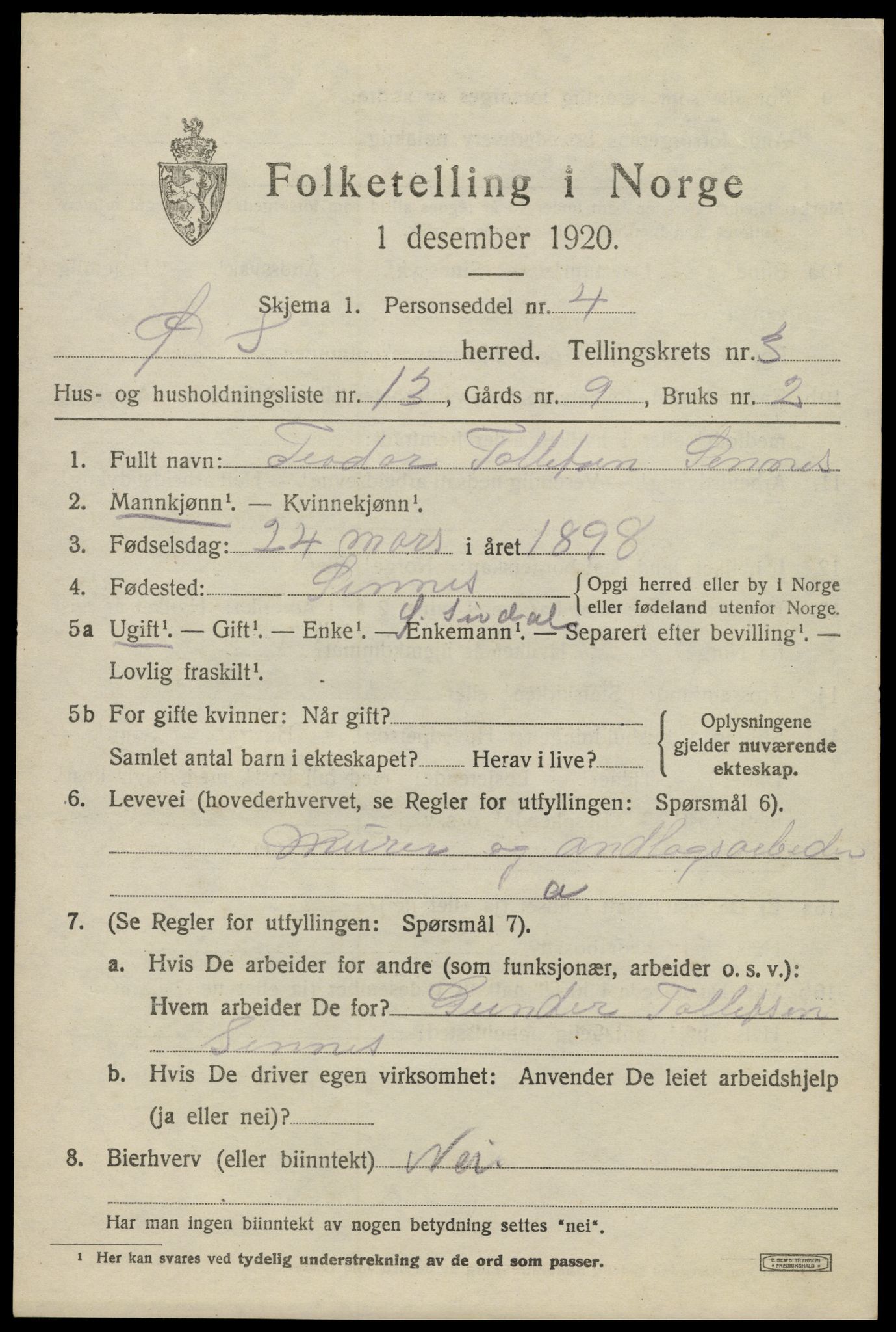 SAK, 1920 census for Øvre Sirdal, 1920, p. 715