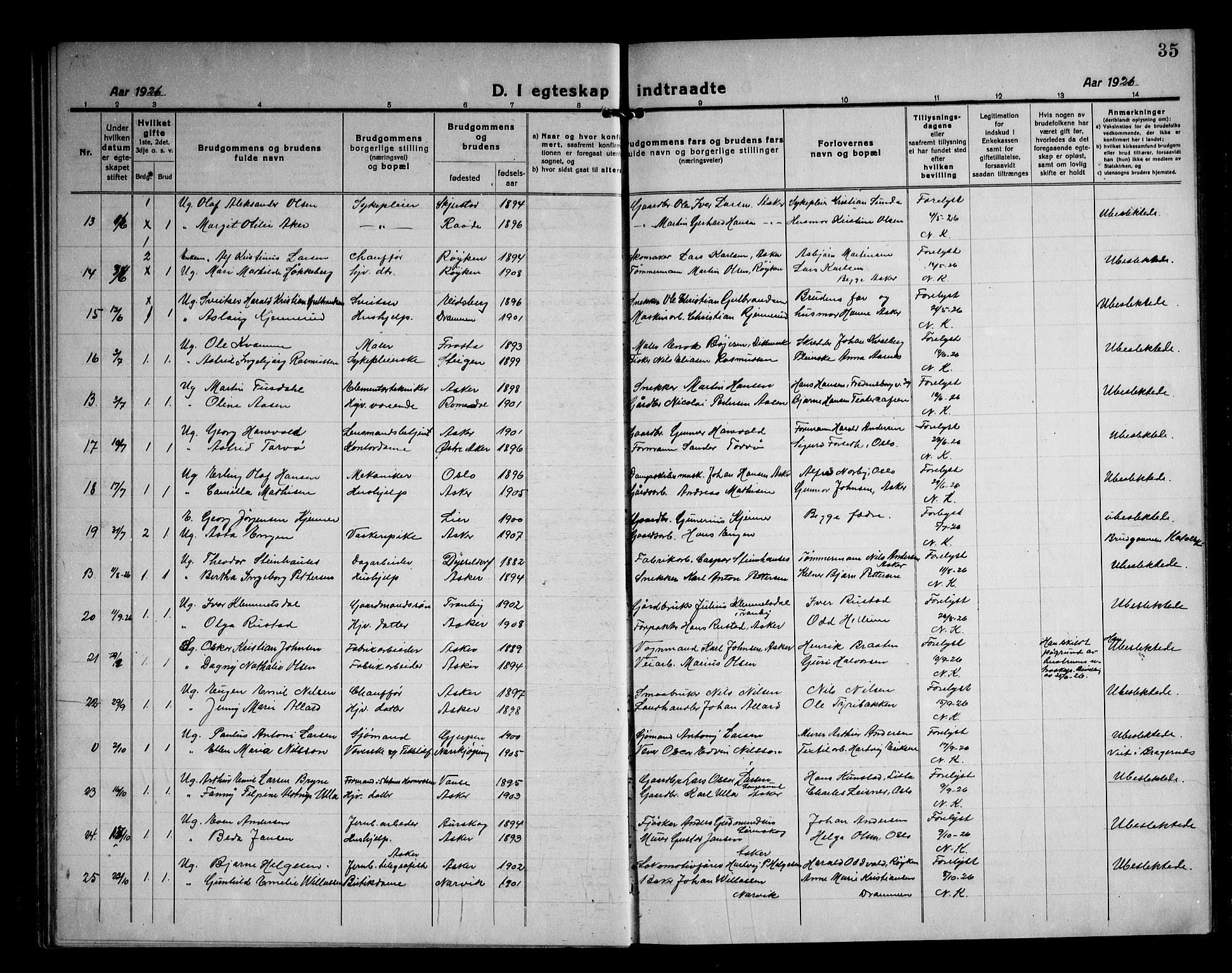 Asker prestekontor Kirkebøker, SAO/A-10256a/F/Fa/L0020: Parish register (official) no. I 20, 1918-1948, p. 35