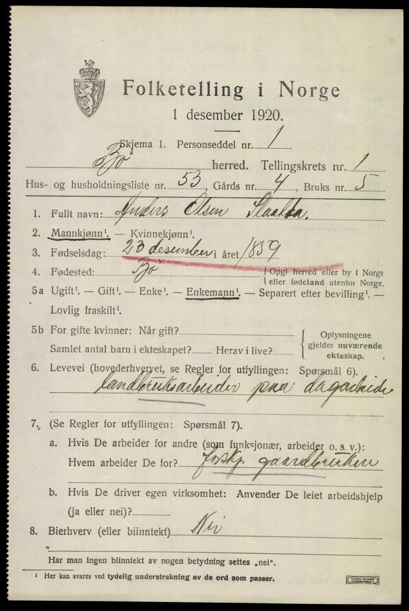 SAKO, 1920 census for Bø (Telemark), 1920, p. 1772