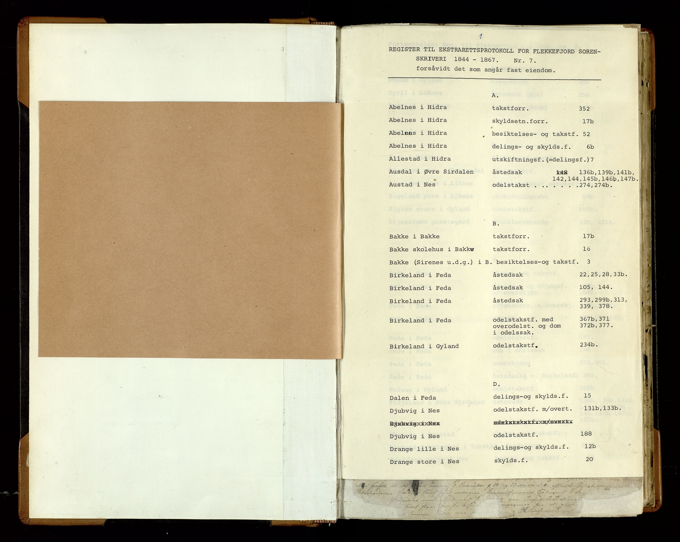 Flekkefjord sorenskriveri, AV/SAK-1221-0001/F/Fb/L0006: Ekstrarettsprotokoll nr. 7, 1844-1867, p. 1